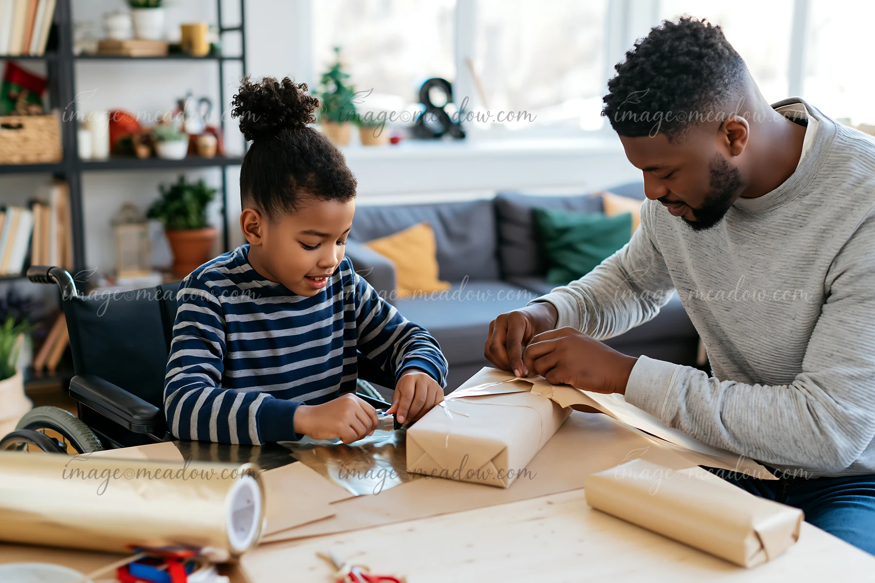 Father helps a child wrap a present at a table in a bright living room.
