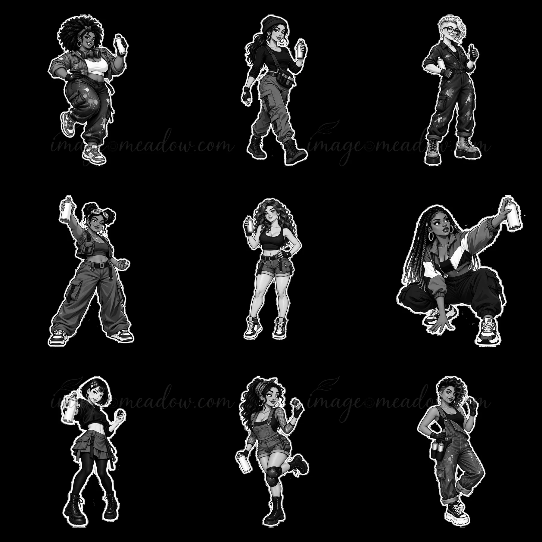 Nine female characters wearing different outfits hold spray cans in a 3x3 layout. Each character has a distinct pose and expression, showcasing their action of