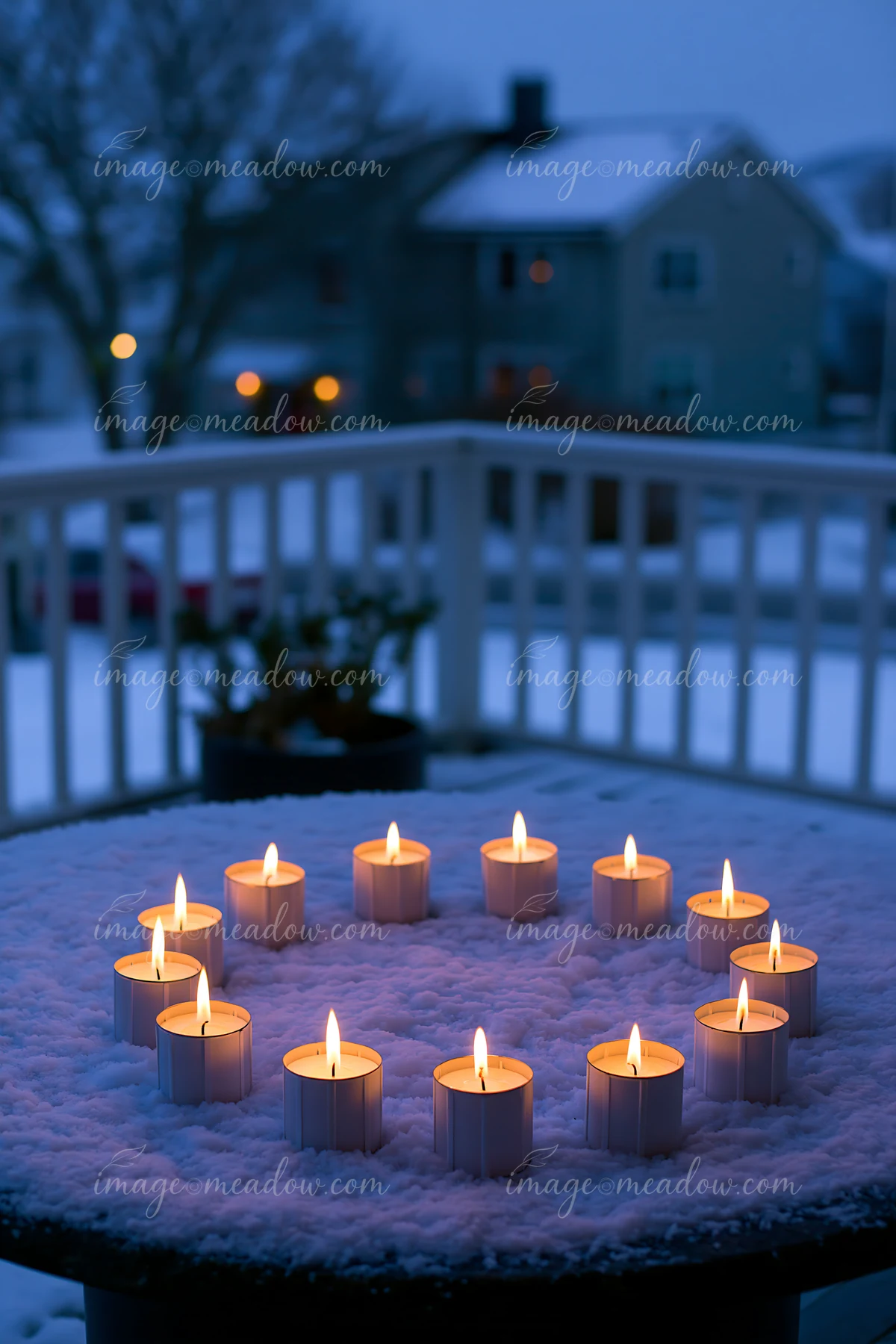 Fifteen candles arranged in a circle sit on a snowy table outside during dusk.