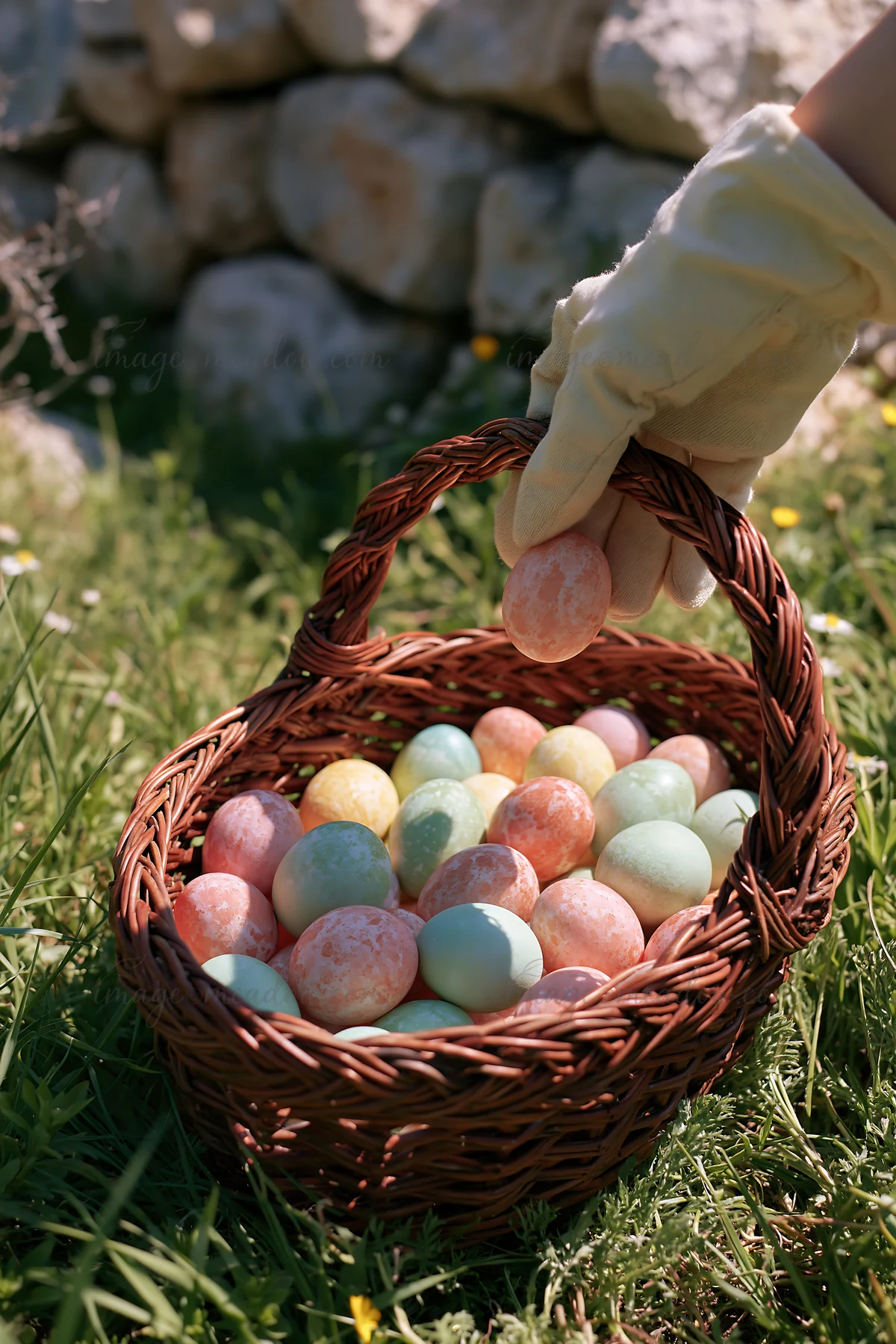 A hand wearing a glove holds a basket filled with pastel-colored eggs. The basket sits on green grass surrounded by flowers. The setting is a meadow near a rock