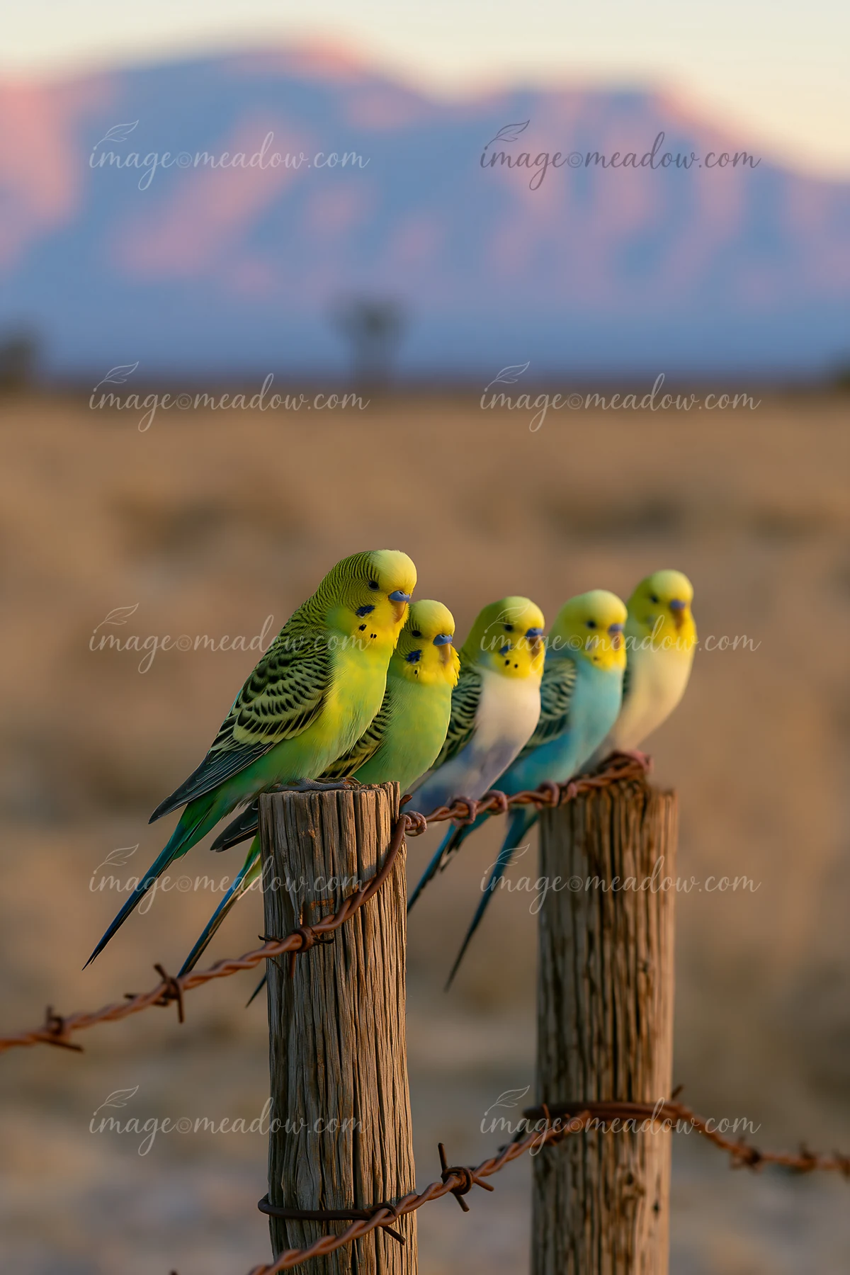 Five colorful budgerigars perch on wooden fence posts and barbed wire in a blurred desert landscape.