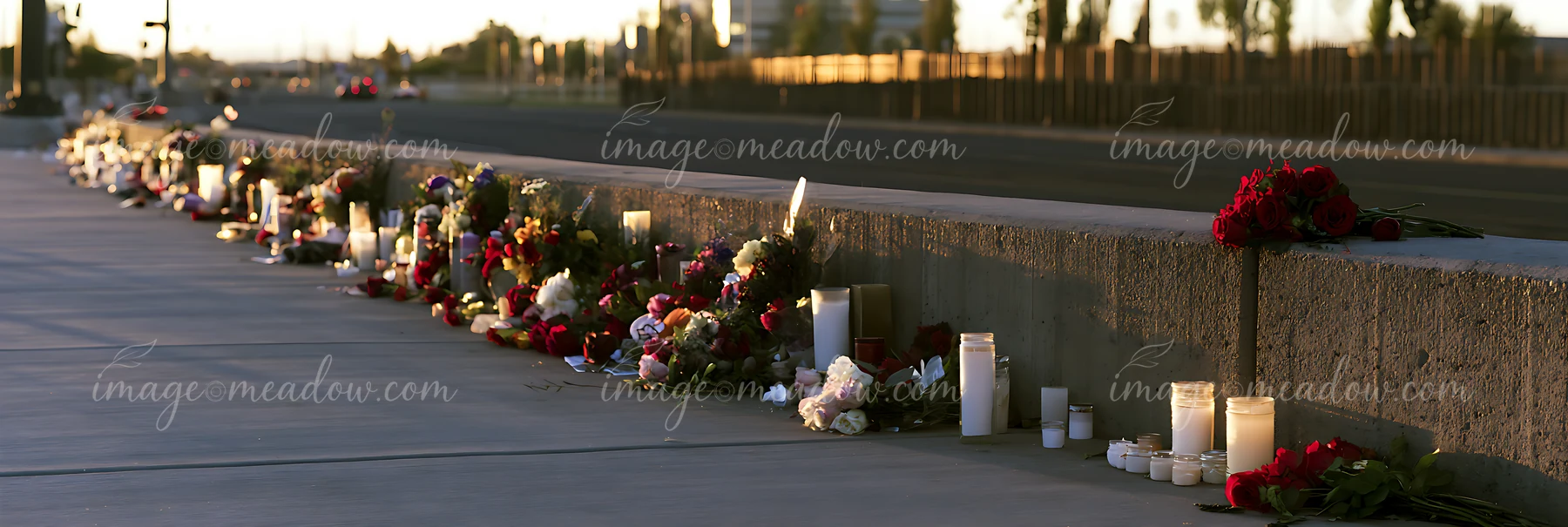 Flowers and candles are arranged along a concrete barrier at a memorial site near a roadway, showing tributes left by visitors in remembrance.