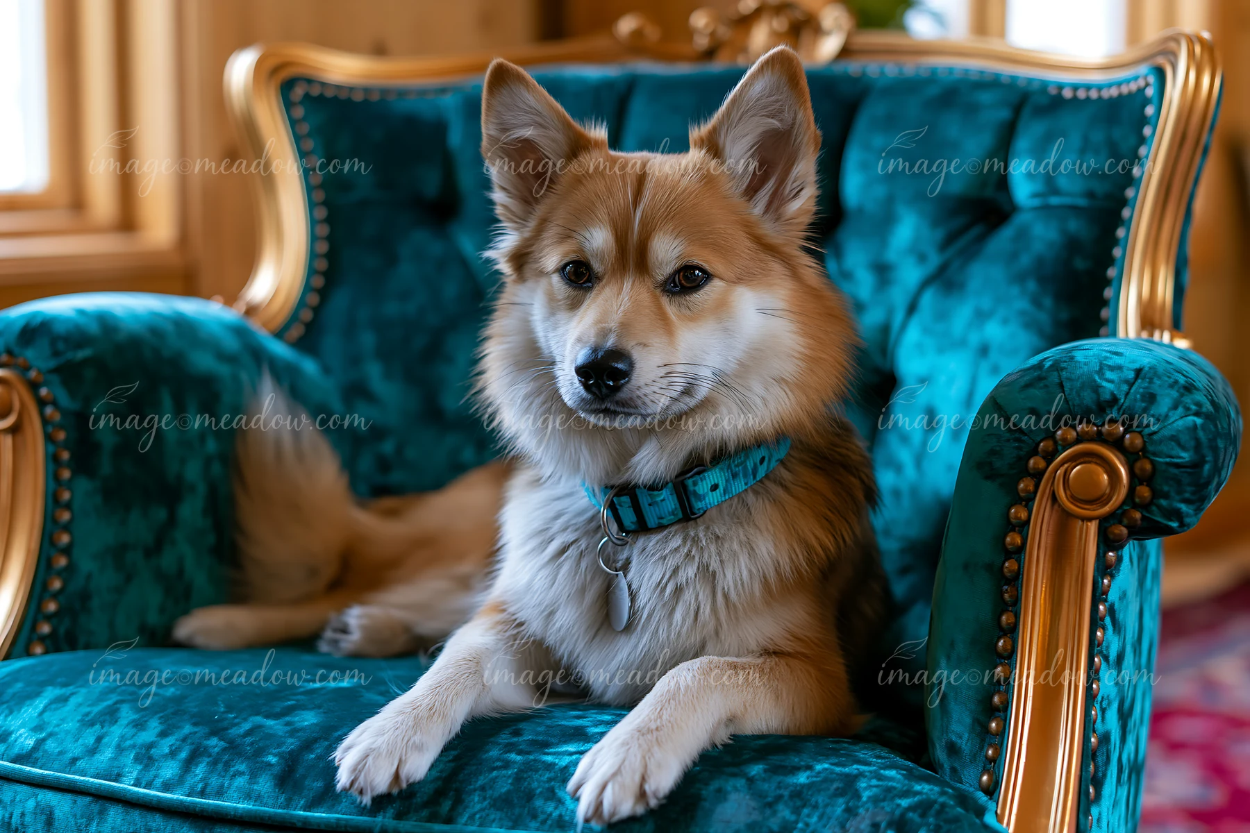 Fluffy dog wearing a blue collar sits on an ornate teal velvet chair in a warmly lit hotel interior.