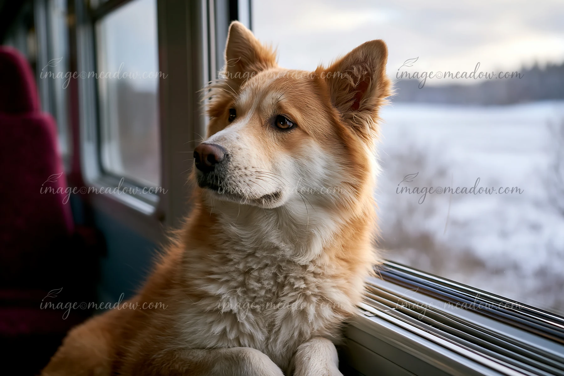 Fluffy tan and white dog looks out a train window toward a snowy landscape.