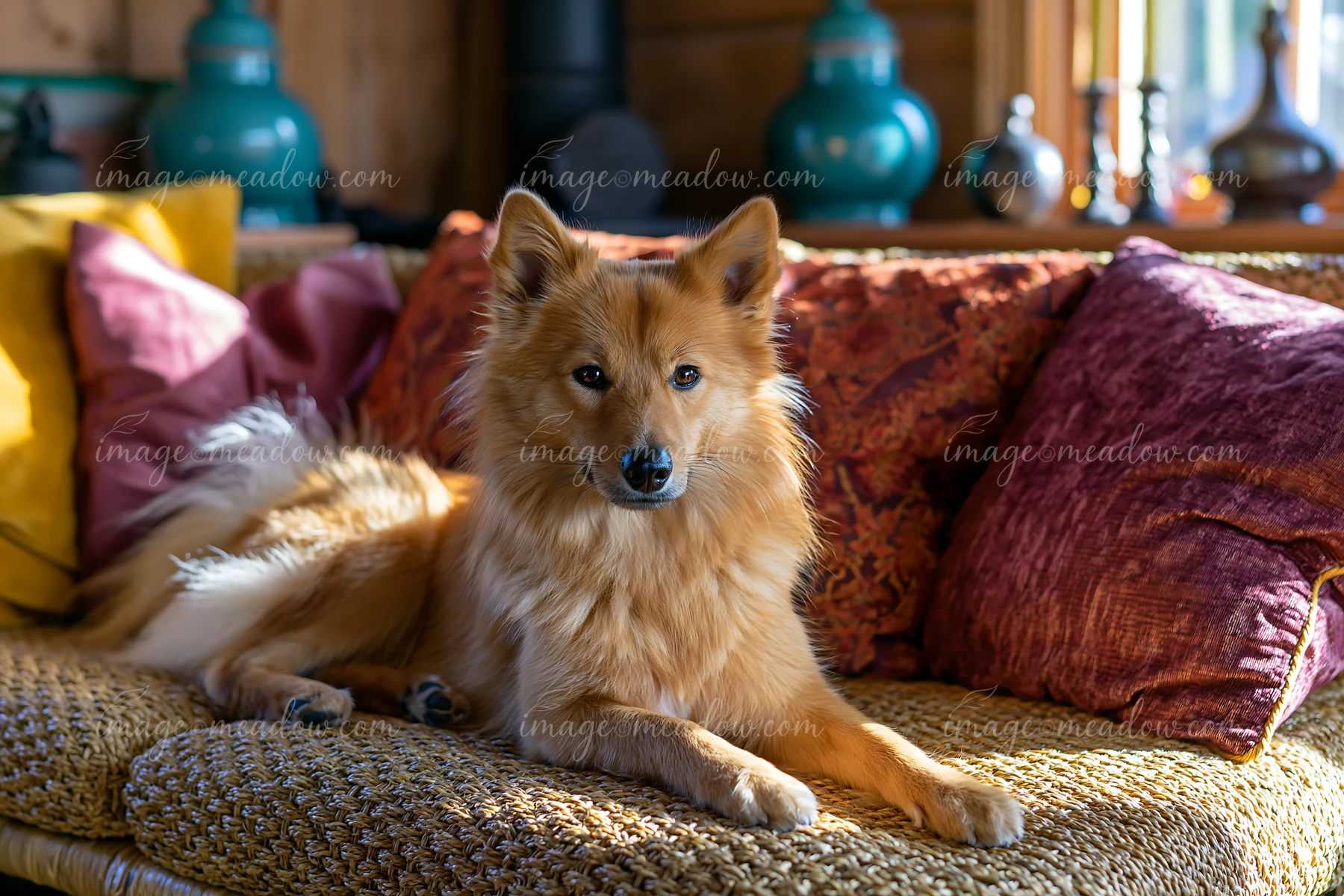 Fluffy tan dog resting on a woven sofa with colorful cushions in a warmly lit home interior.