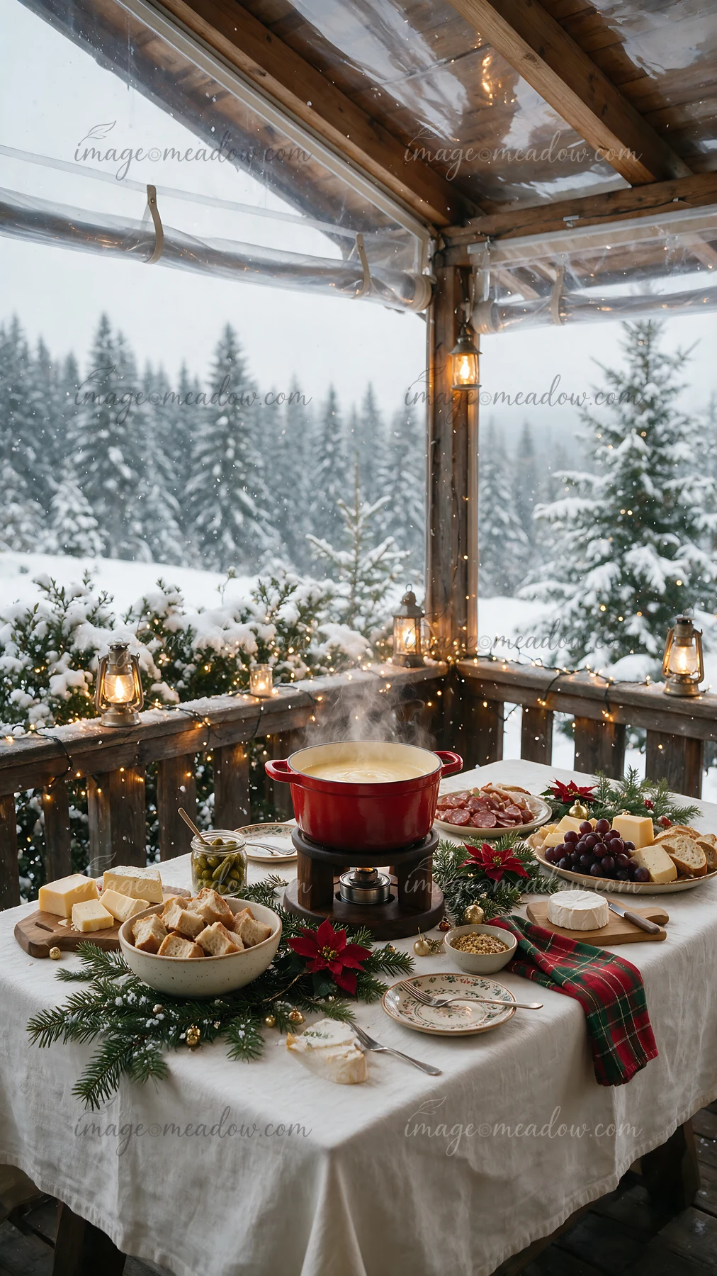 Fondue buffet table with steaming cheese, bread, fruit, and meats on a snowy cabin porch.