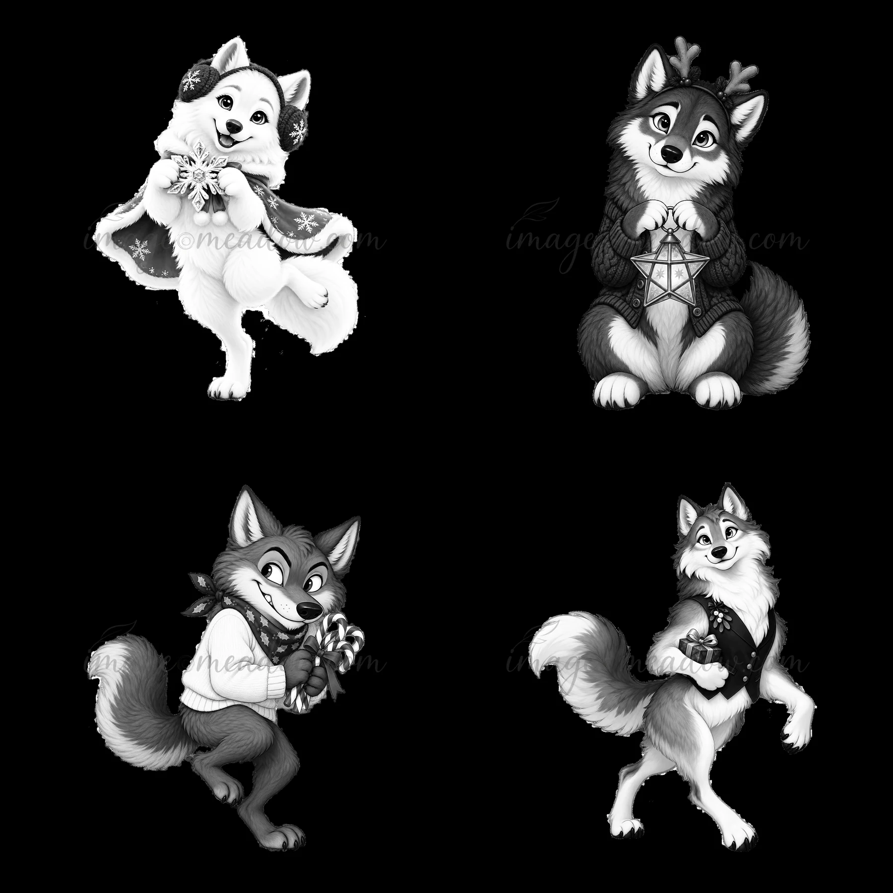 Four cartoon wolves are depicted in a 2x2 layout, each holding Christmas items. The wolves display joyful expressions while dressed in holiday attire.