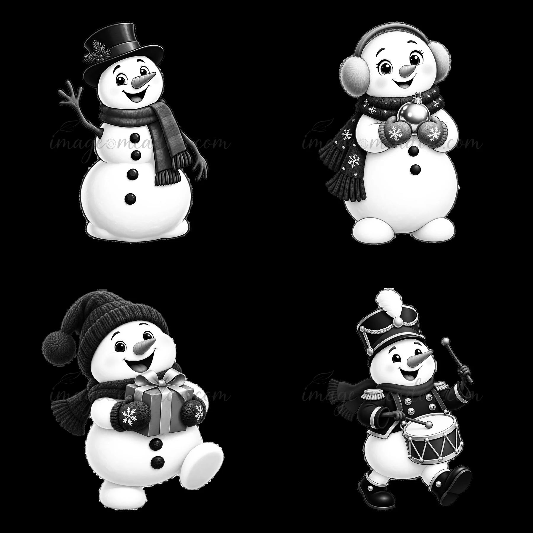 Four snowmen are shown in a 2x2 layout. One waves, another holds a drum, one carries a gift, and the last wears earmuffs and jingles bells. Each snowman has dis