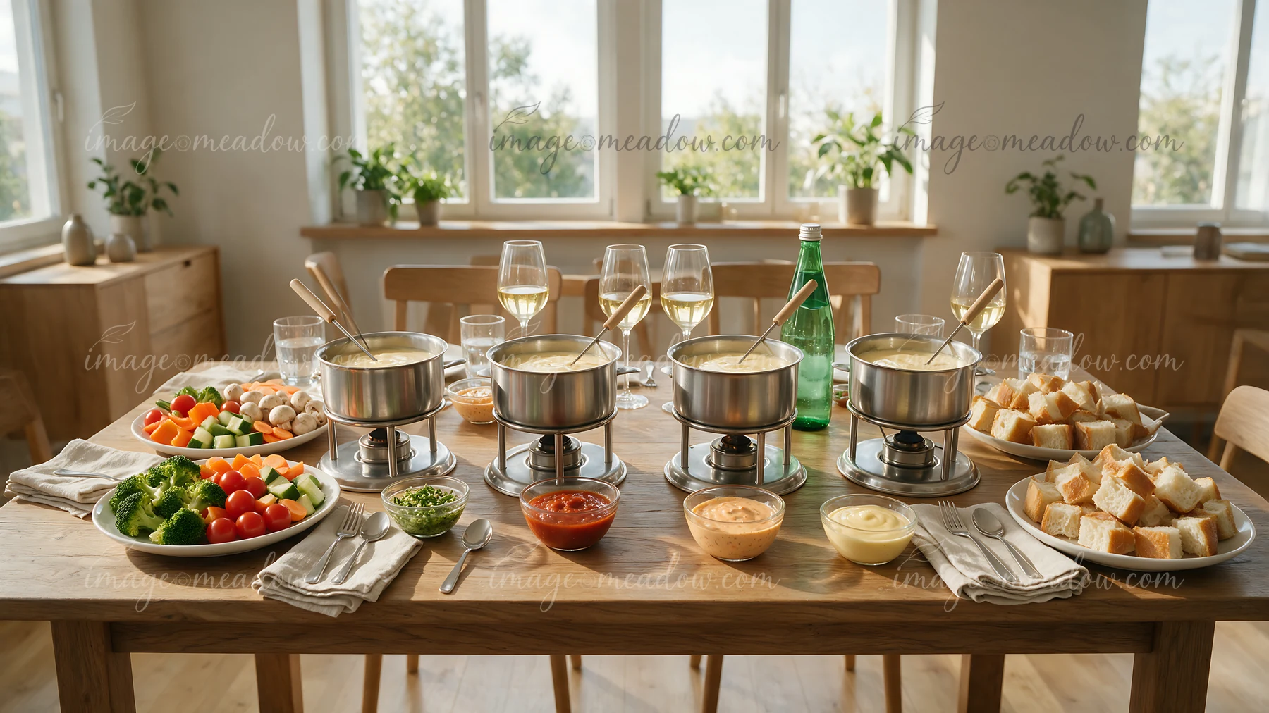 Four cheese fondue pots with bread, vegetables, sauces, and drinks arranged on a dining table.