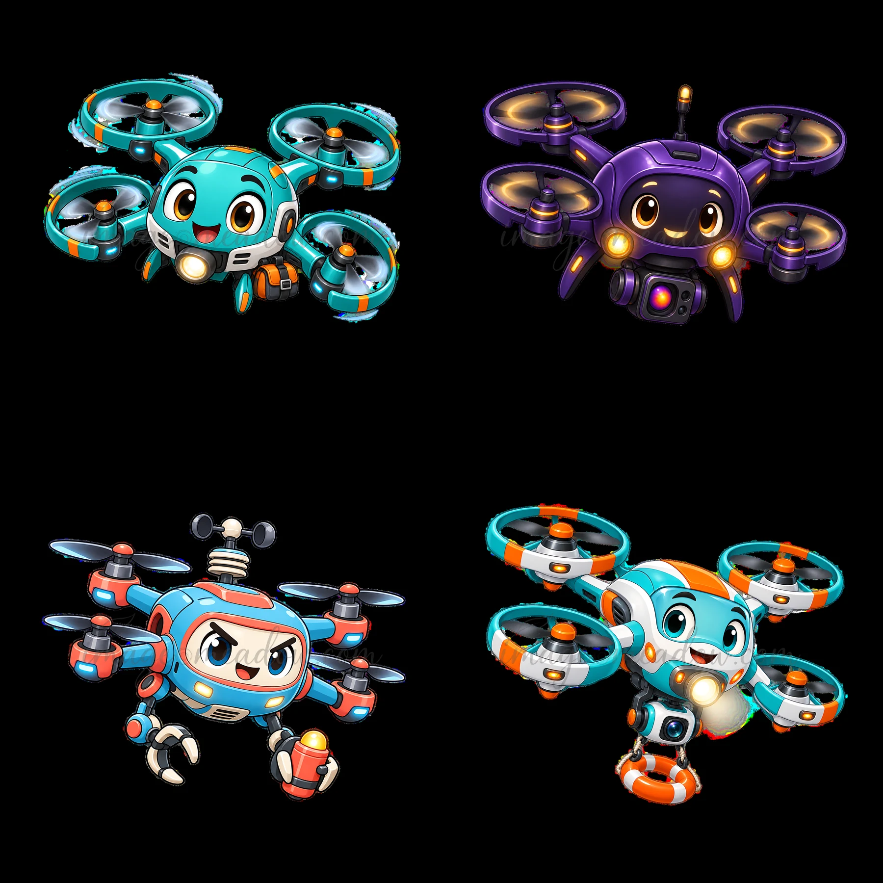 Four cartoon drones are arranged in a 2x2 layout. Each drone has a distinct design and expression, showcasing different colors and accessories. They have eyes a