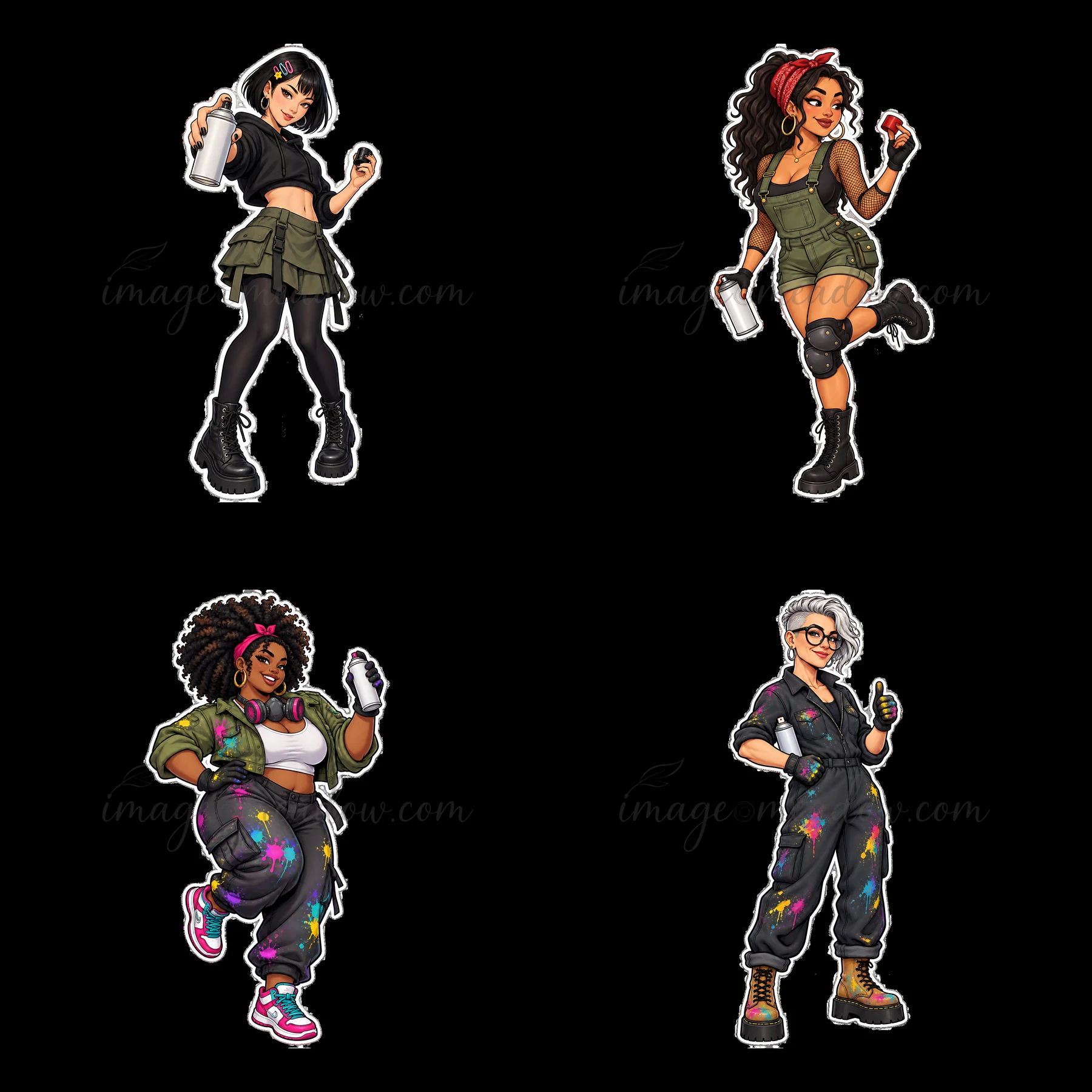 Four female characters in a 2x2 grid hold spray cans. They wear different outfits, showcasing diverse styles, colors, and poses. Each character represents a uni