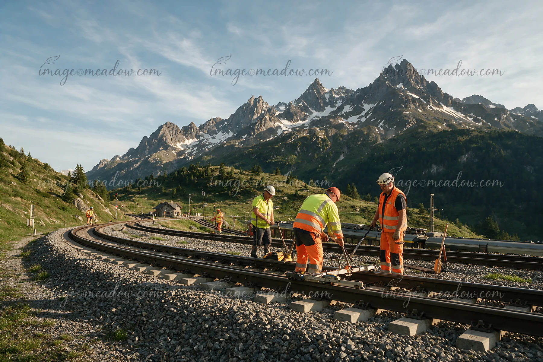 Four railway workers maintain tracks beneath rugged, snow-dusted Alpine peaks.