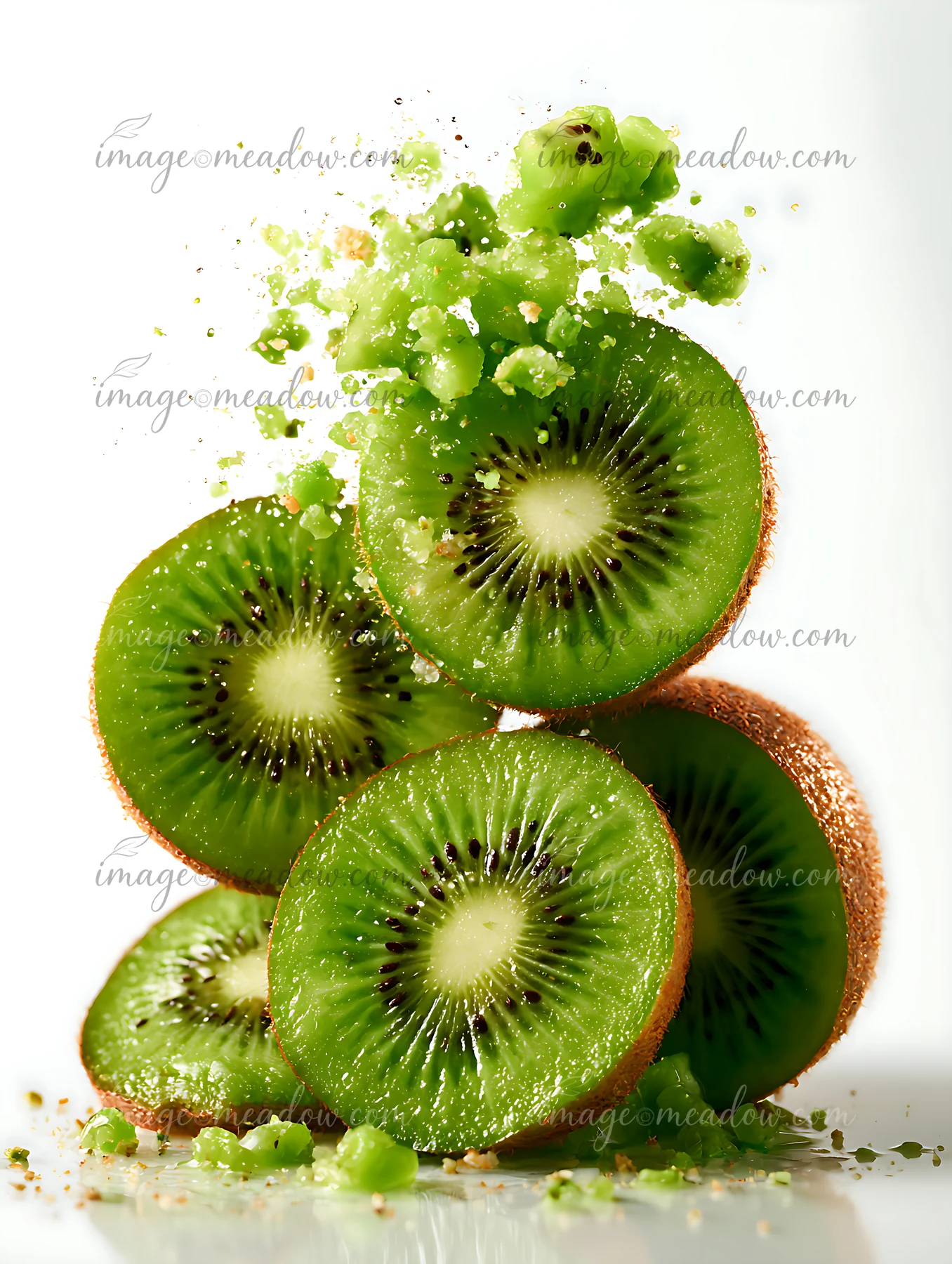 Fresh kiwi slices are stacked in an artistic arrangement with bits of green pulp scattered around them.