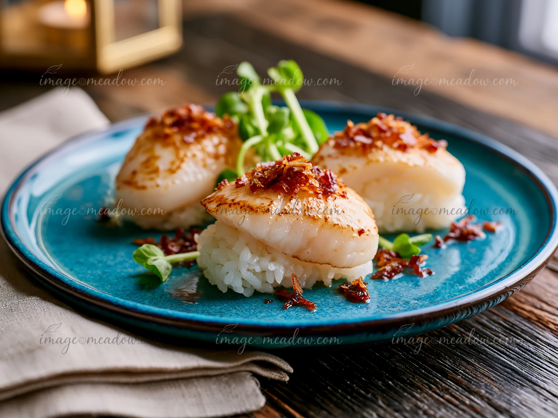 Fresh scallop nigiri with garnish sits on a blue plate on a wooden table, showcasing the seafood delicacy with a touch of green sprouts on the side.