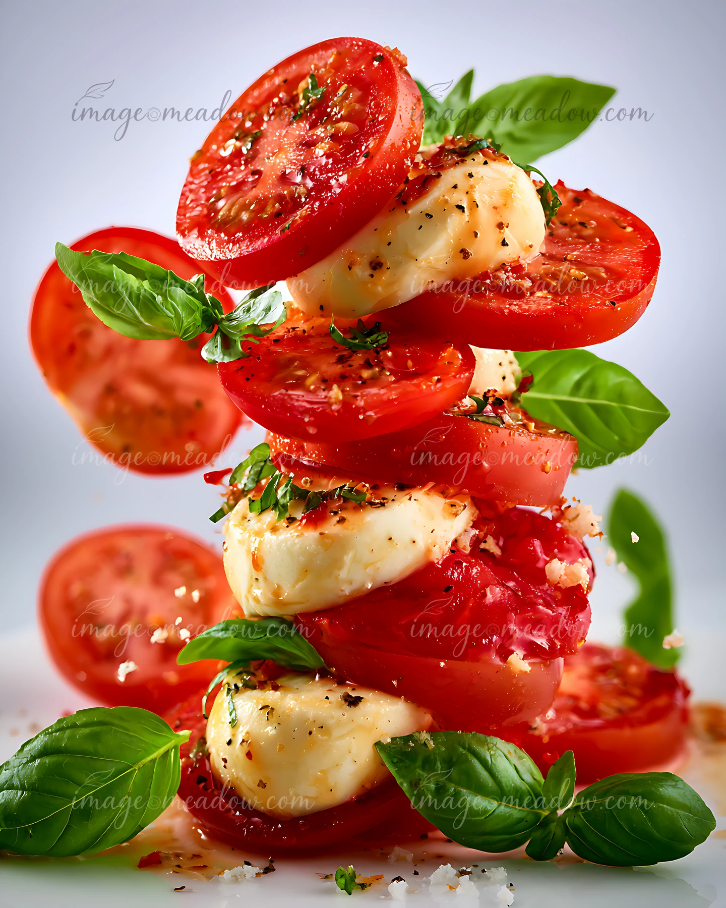 Fresh slices of tomato and mozzarella cheese are stacked with basil leaves in a simple arrangement.