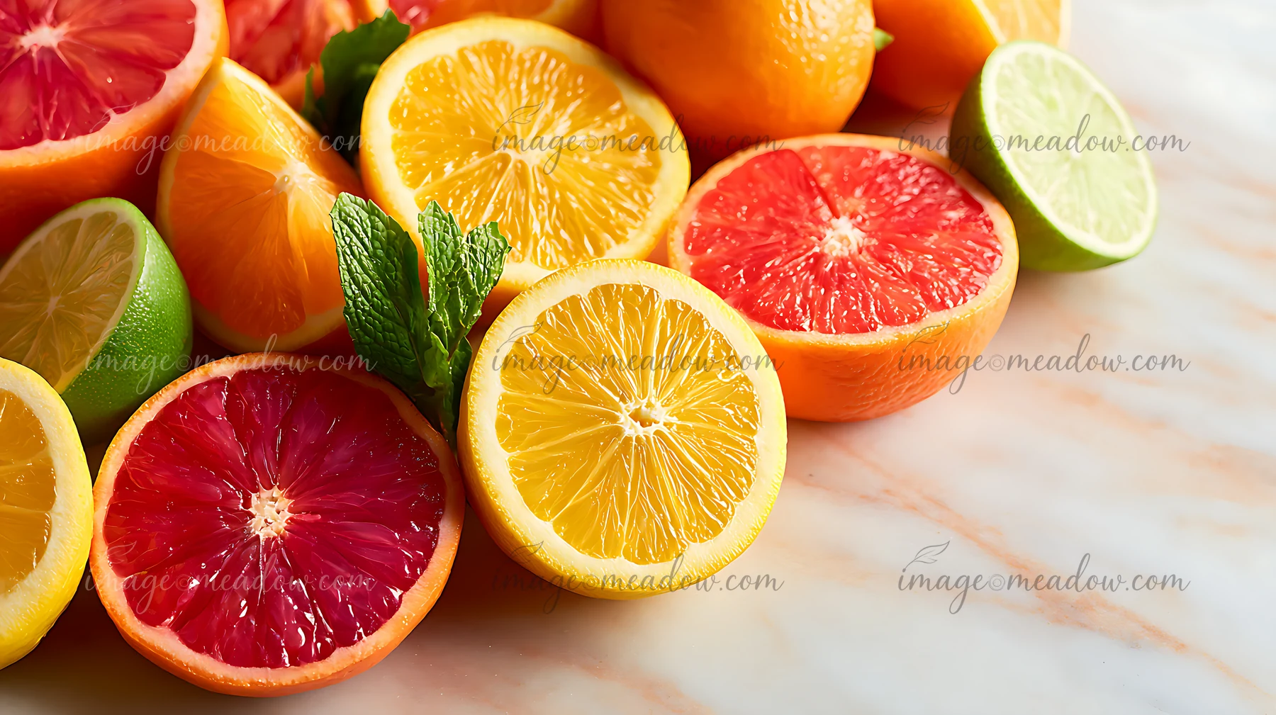 Freshly cut citrus fruits including oranges, lemons, limes, and grapefruit are displayed on a marble surface.