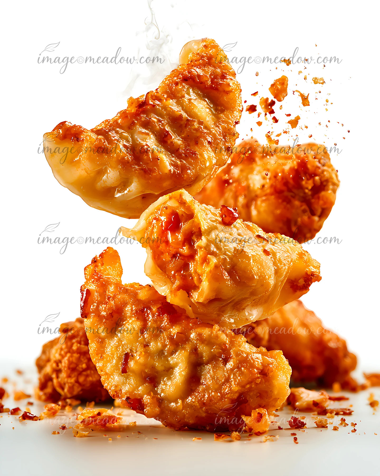 Fried dumplings and chicken pieces are shown floating mid-air with a sprinkle of seasoning around them.