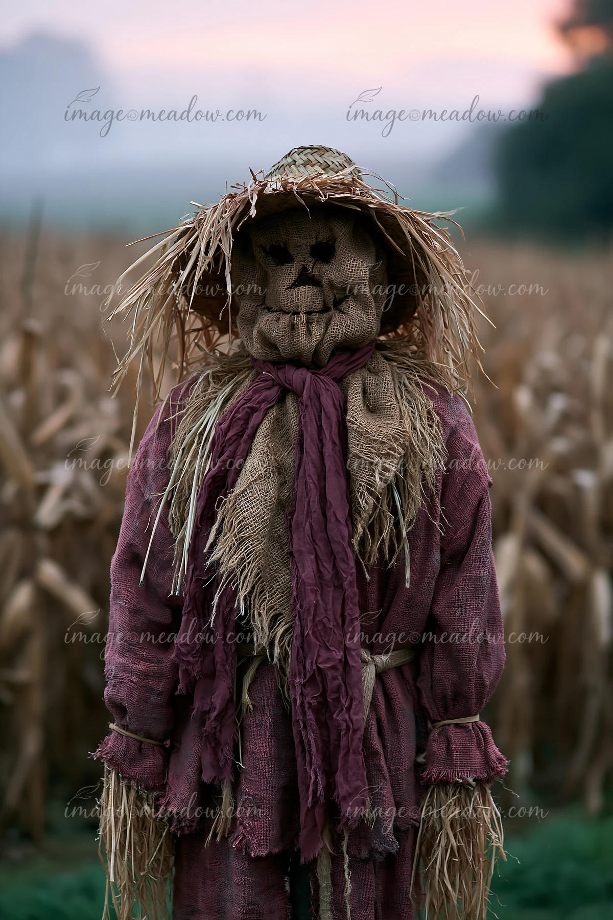 Front-facing scarecrow with a textured burlap face, straw hat, purple scarf, and ragged clothing in a blurred field.