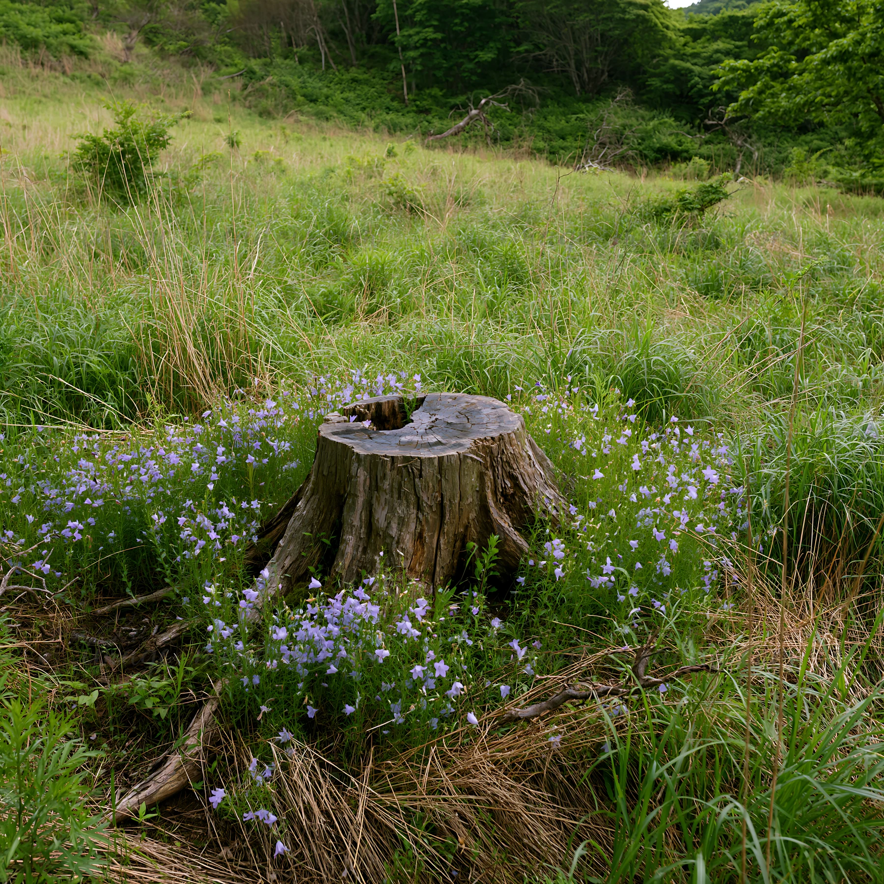 A weathered stump sits in a meadow in Fukushima, surrounded by green grass and small purple flowers. The natural setting highlights the growth around the stump.
