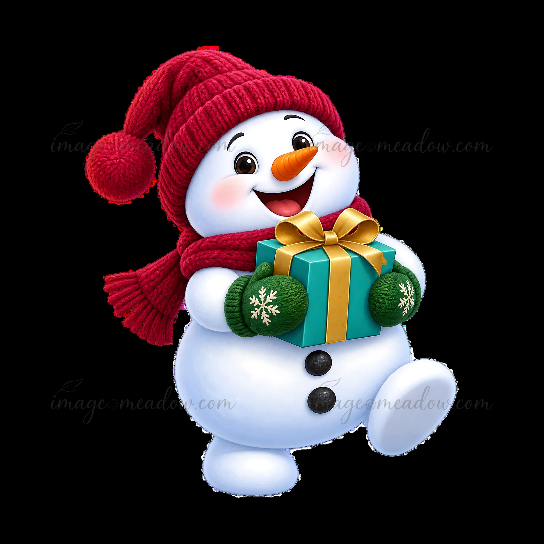 A snowman wears a red hat and scarf while holding a green gift with a gold ribbon. The cheerful character has a bright smile and stands on one leg, adding a fun