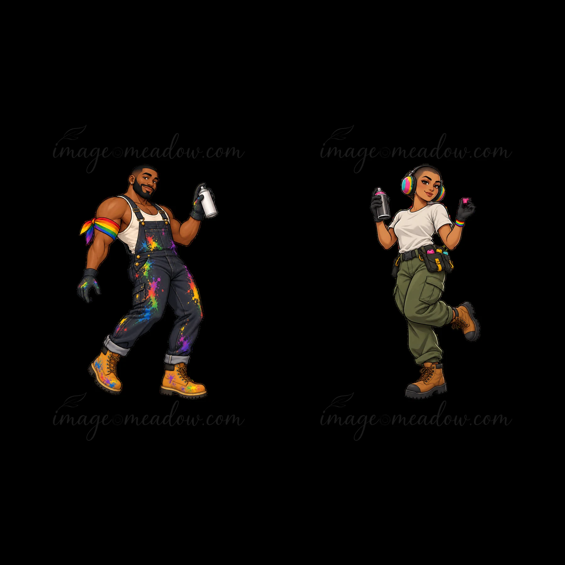 Title Gay graffiti spray painter duo with colorful outfits and accessories Description Two cartoon characters showcase their spray painting skills.
