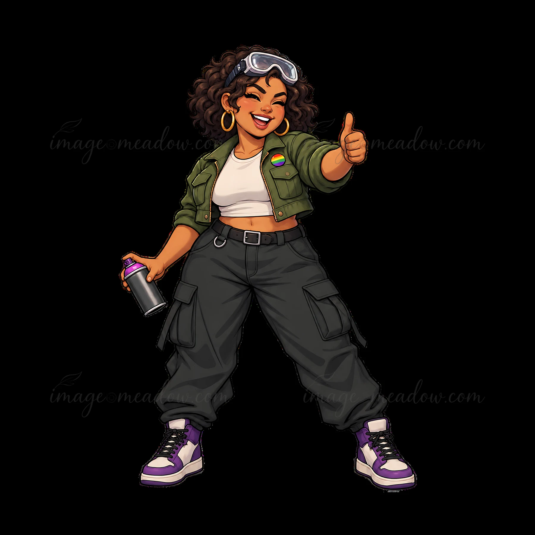 A young woman stands confidently while giving a thumbs up. She wears a cropped jacket, cargo pants, and holds a spray can. Her outfit features bold colors, and