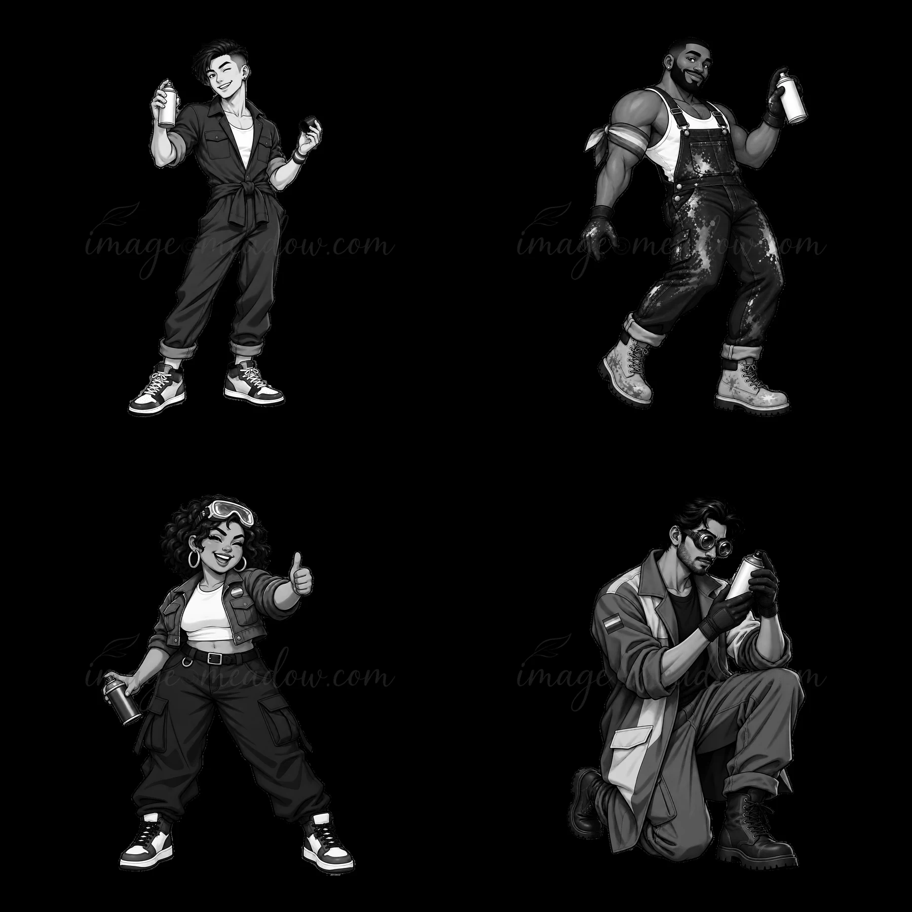 Four cartoon stickers show gay graffiti spray painters in action. They are dressed in casual clothing and holding spray paint cans. Their expressions show enthu