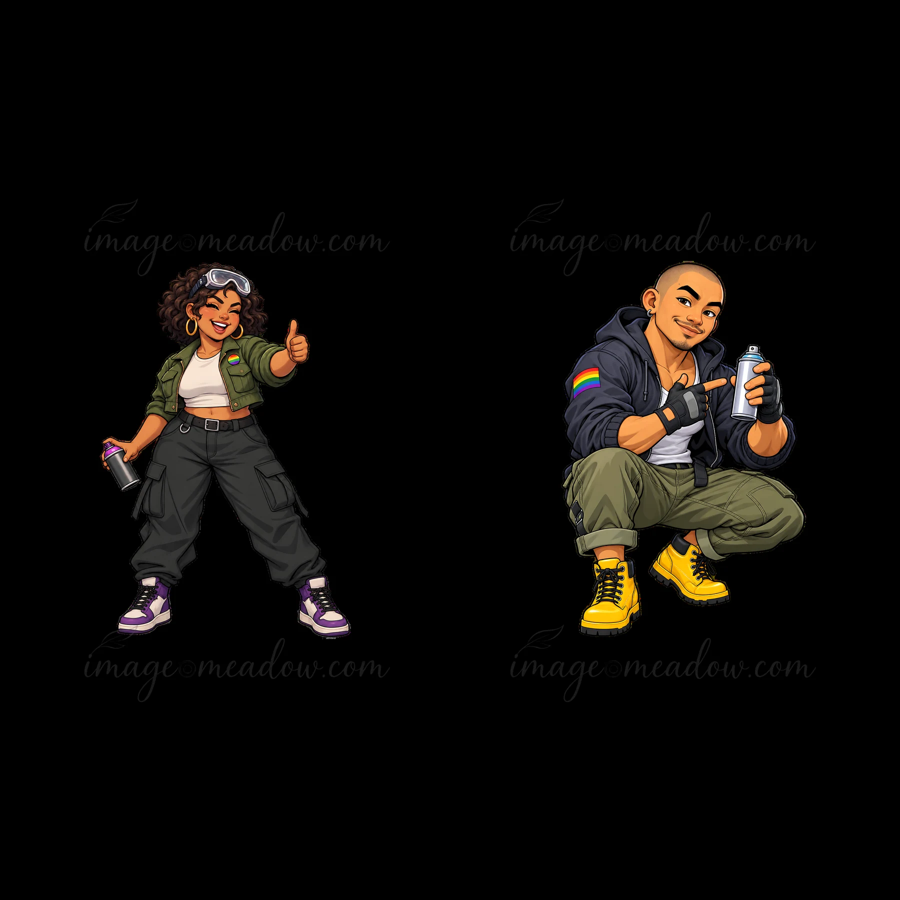 Two cartoon stickers show spray painters in casual outfits. The female character gives a thumbs up while holding a spray can. The male character crouches with a