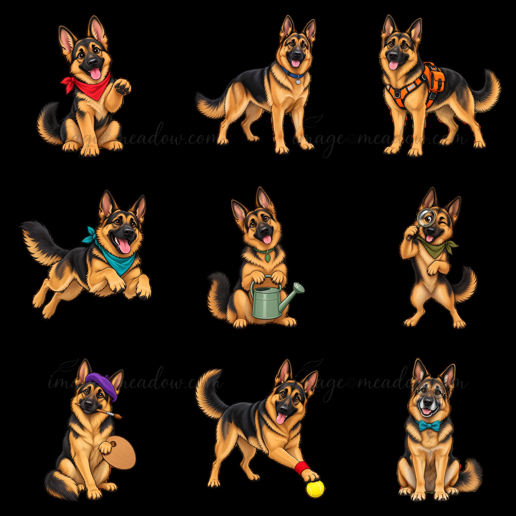 Nine cartoon stickers feature a German shepherd dog in various playful poses. Each dog wears different accessories and outfits, showcasing fun activities like p