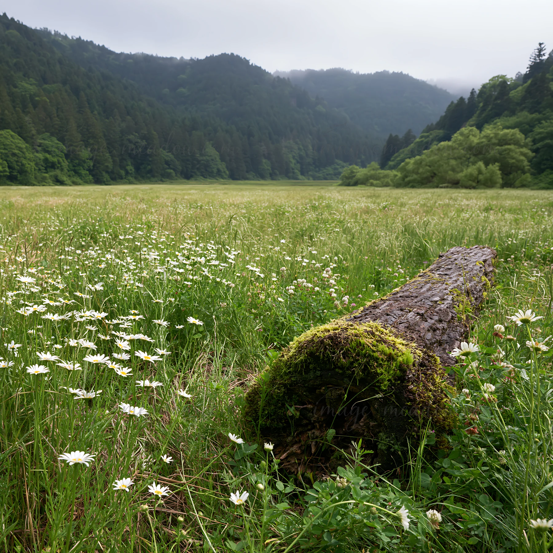 A mossy log lays in a green meadow filled with wildflowers in Gifu. The scene shows a wide outdoor space with trees and mountains in the background under a clou