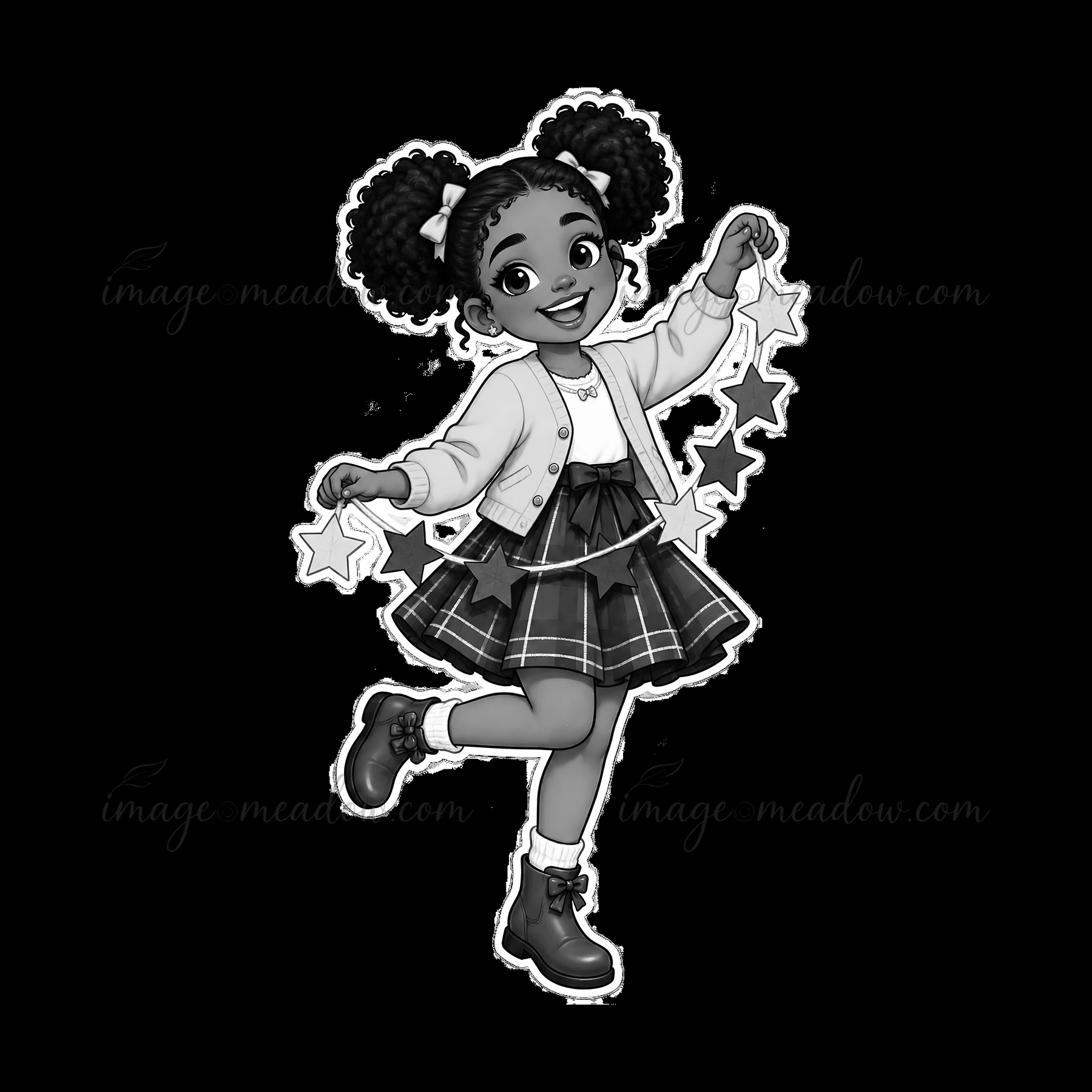 A young girl smiles while holding a garland of stars. She wears a skirt and sweater, showing her playful nature. This scene captures childhood joy and creativit