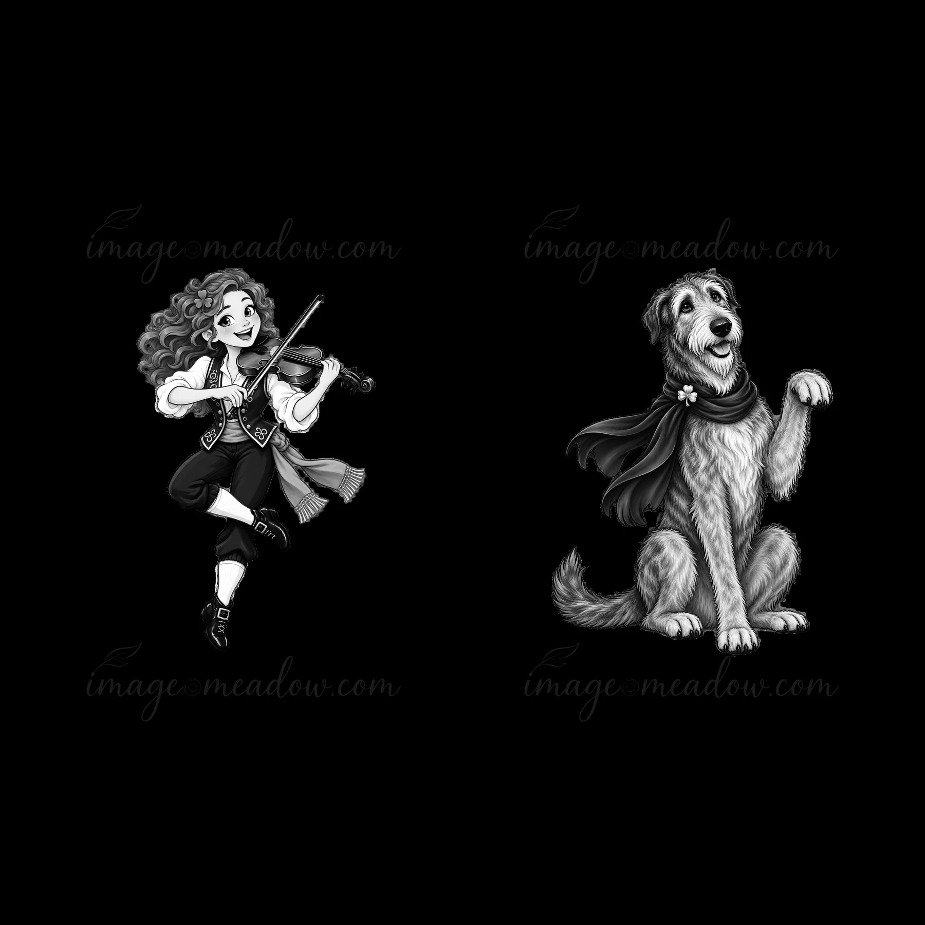 A girl with curly hair plays a violin while wearing a vest and pants. Next to her, a dog sits with a scarf, raising a paw. They both share a festive St. Patrick