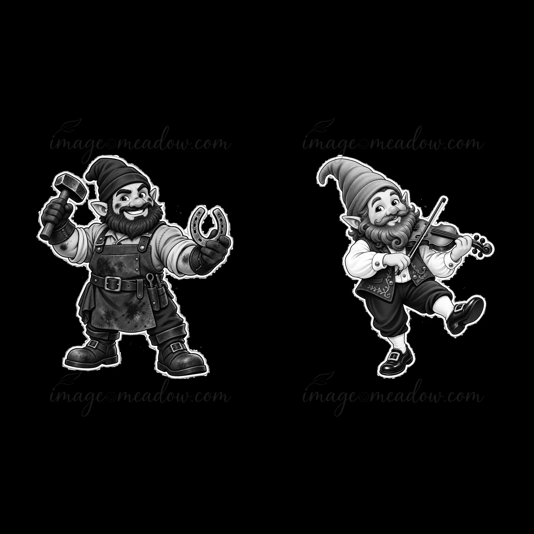 A gnome stands with a hammer and horseshoe in one hand while another gnome twirls and plays a violin. This lively scene features two distinct gnomes showcasing