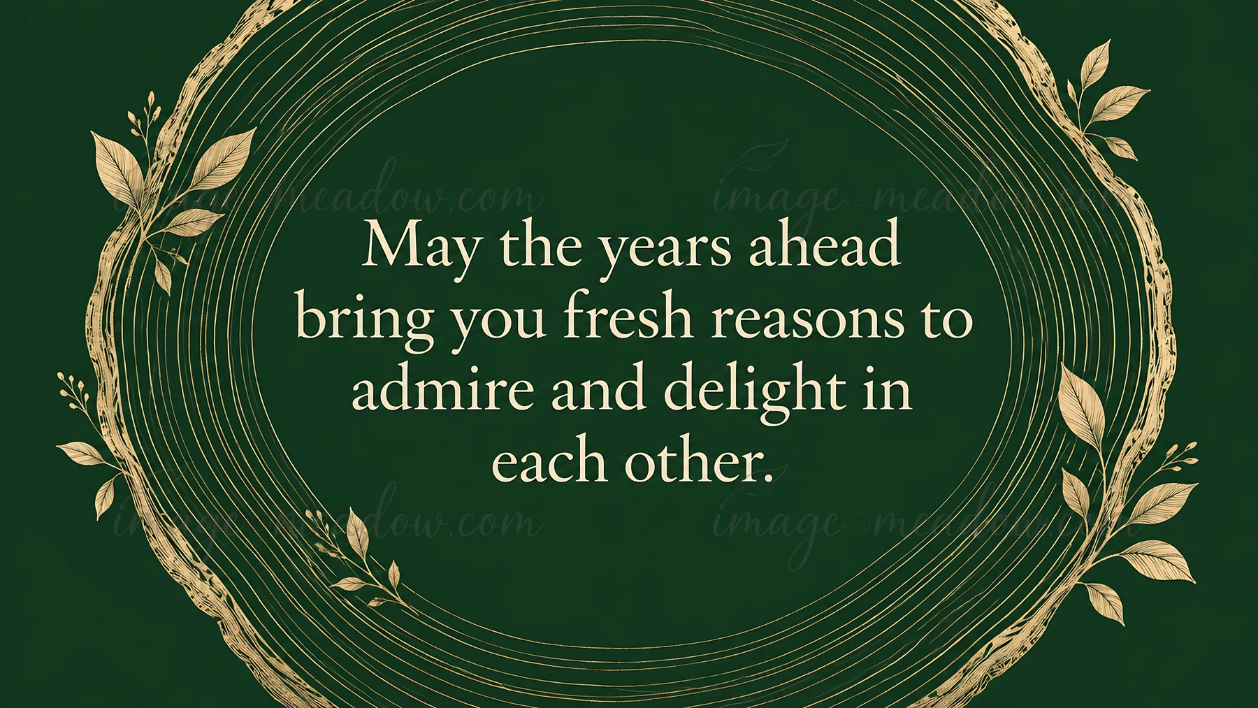 Elegant wedding greeting card design with cream lettering inside a gold oval frame of fine lines and leafy sprigs on a deep green background. The message reads,