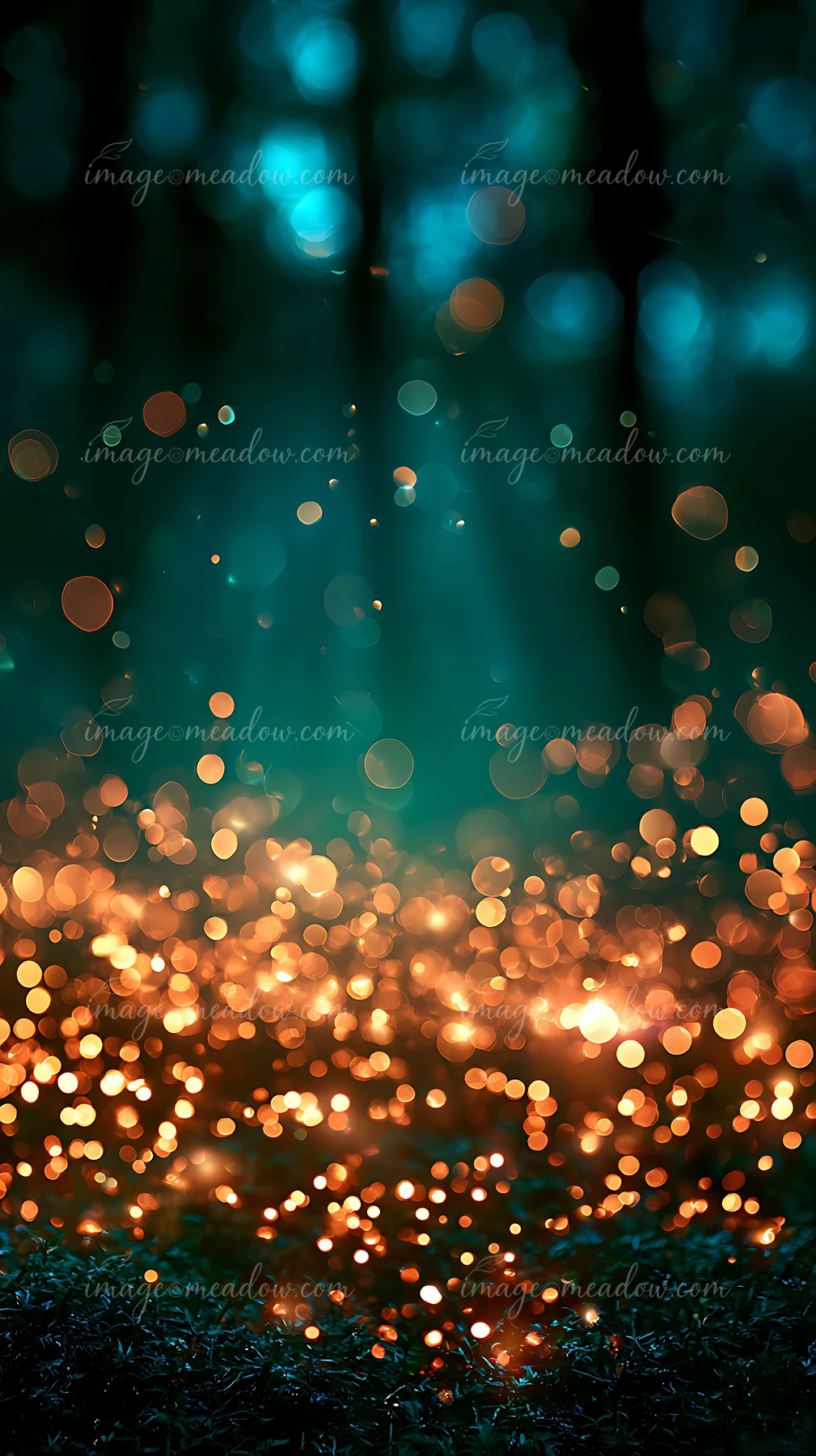 Golden bokeh lights shimmer against a dark backdrop of trees in a forest during dusk, creating a magical atmosphere filled with light and shadow.