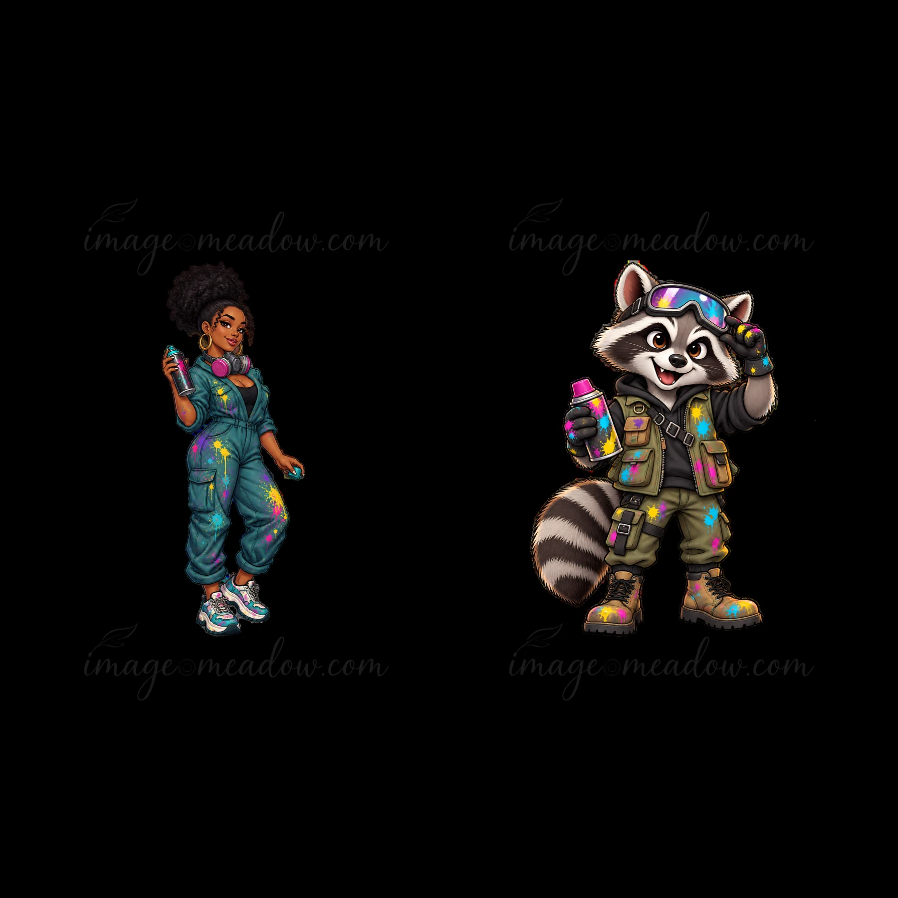 A cartoon sticker features a young woman holding a spray can in colorful overalls and a raccoon wearing playful clothing and a cap. Both characters are ready to