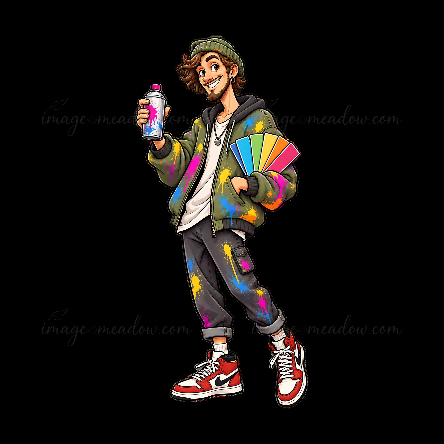 A graffiti artist stands confidently, showing off spray paint and color palettes. The artist wears a colorful jacket and gray pants, with sneakers adding style.