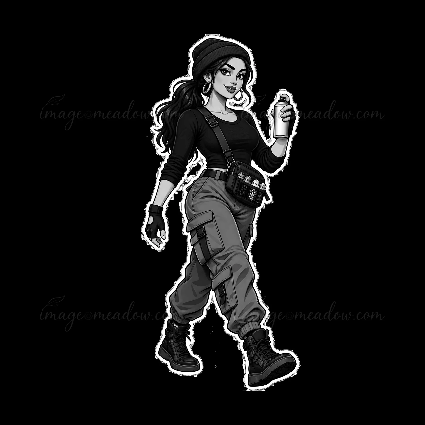 A female graffiti sprayer walks confidently while holding a spray paint can. She wears a beanie, tactical pants, and boots. Her outfit includes a utility belt w