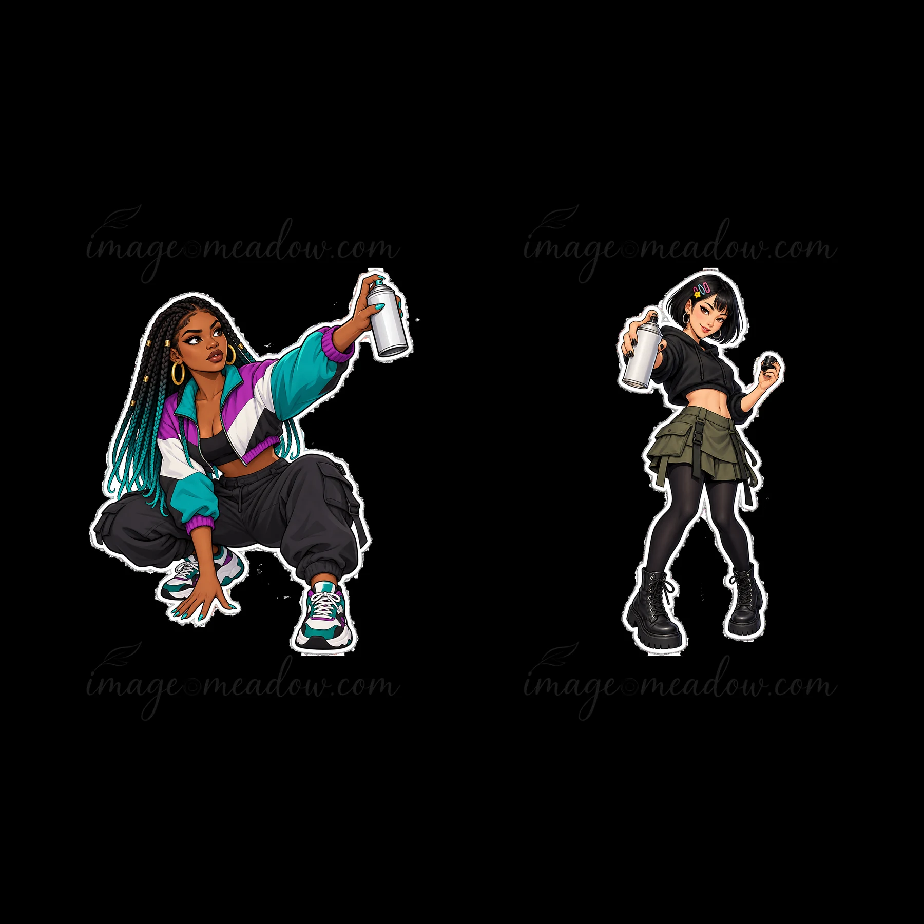 Two female graffiti artists crouch and stand in an urban environment. One wears a colorful jacket and holds a spray can, while the other sports a dark outfit an