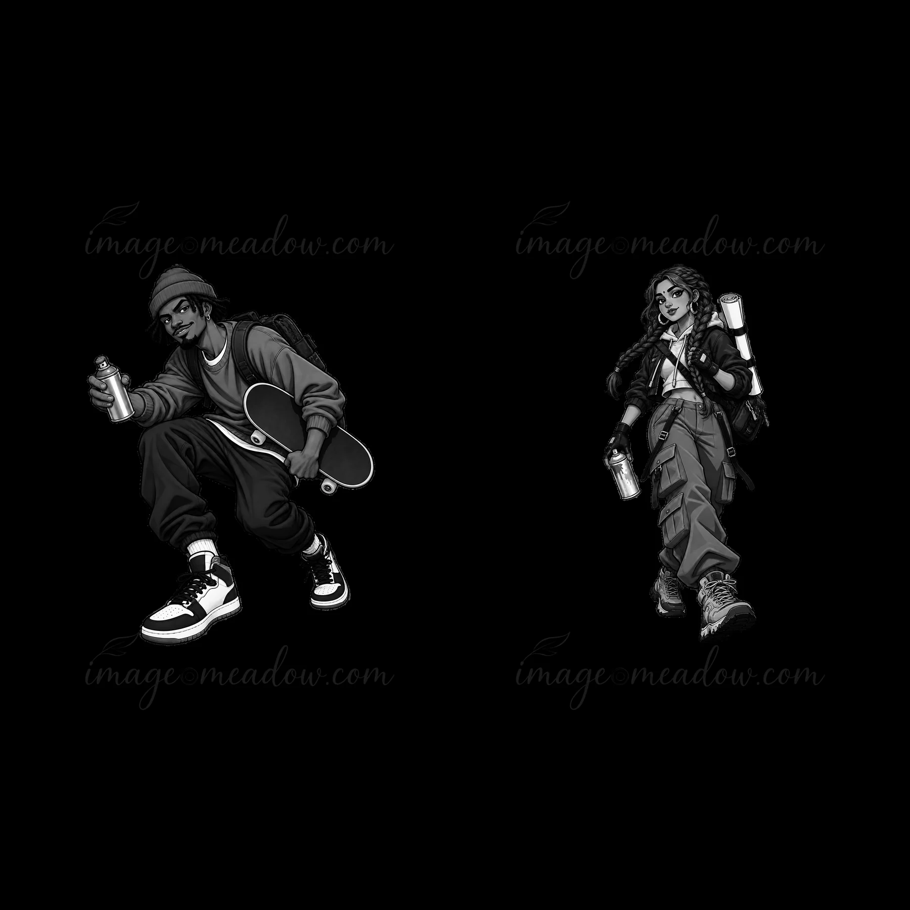 Two cartoon figures are ready for action in urban streetwear. One figure crouches with a skateboard while the other stands with a spray can. Both showcase a gra