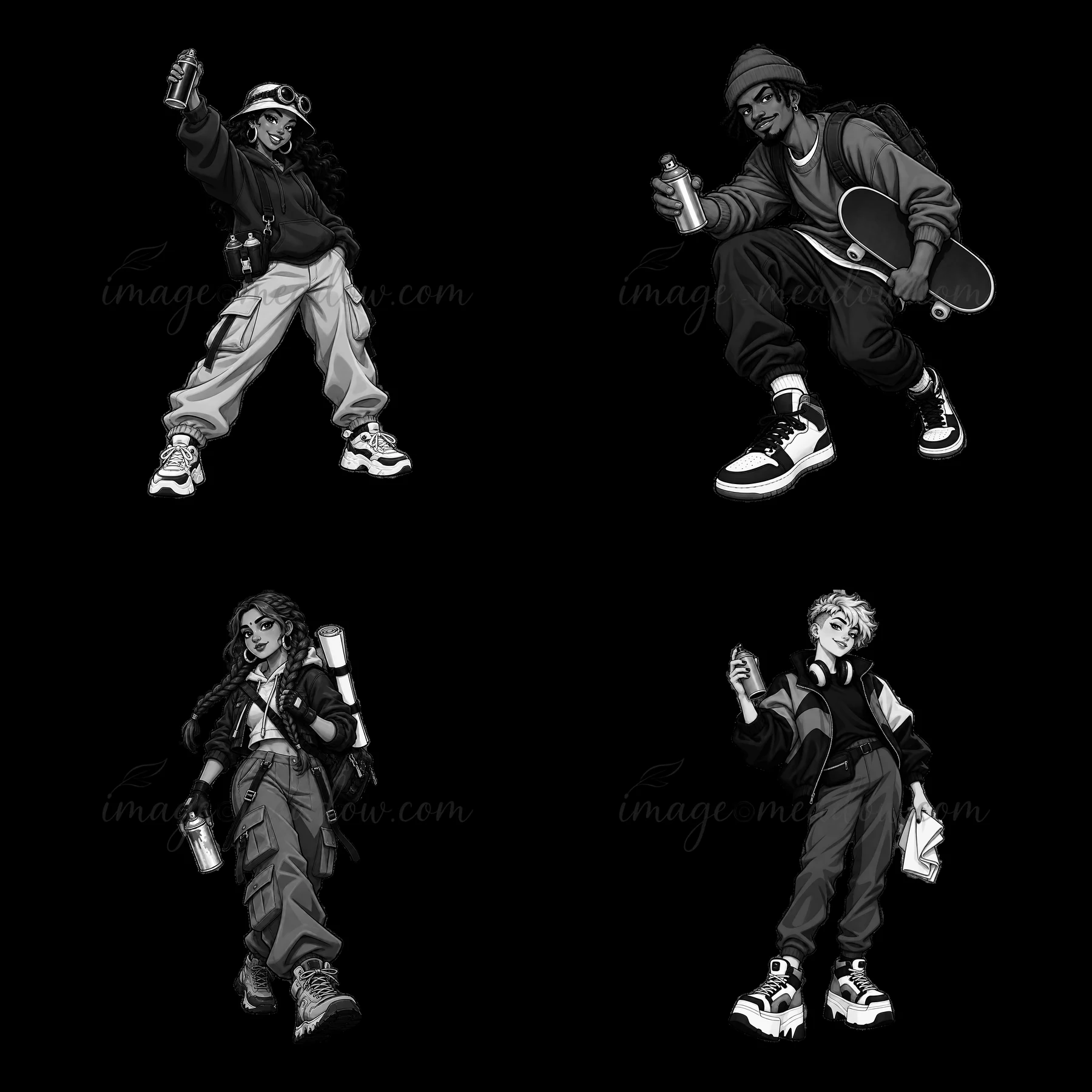 Four graffiti artists are shown in a black-and-white grid layout. Each character holds a spray can or skateboard, showcasing their unique streetwear style. They