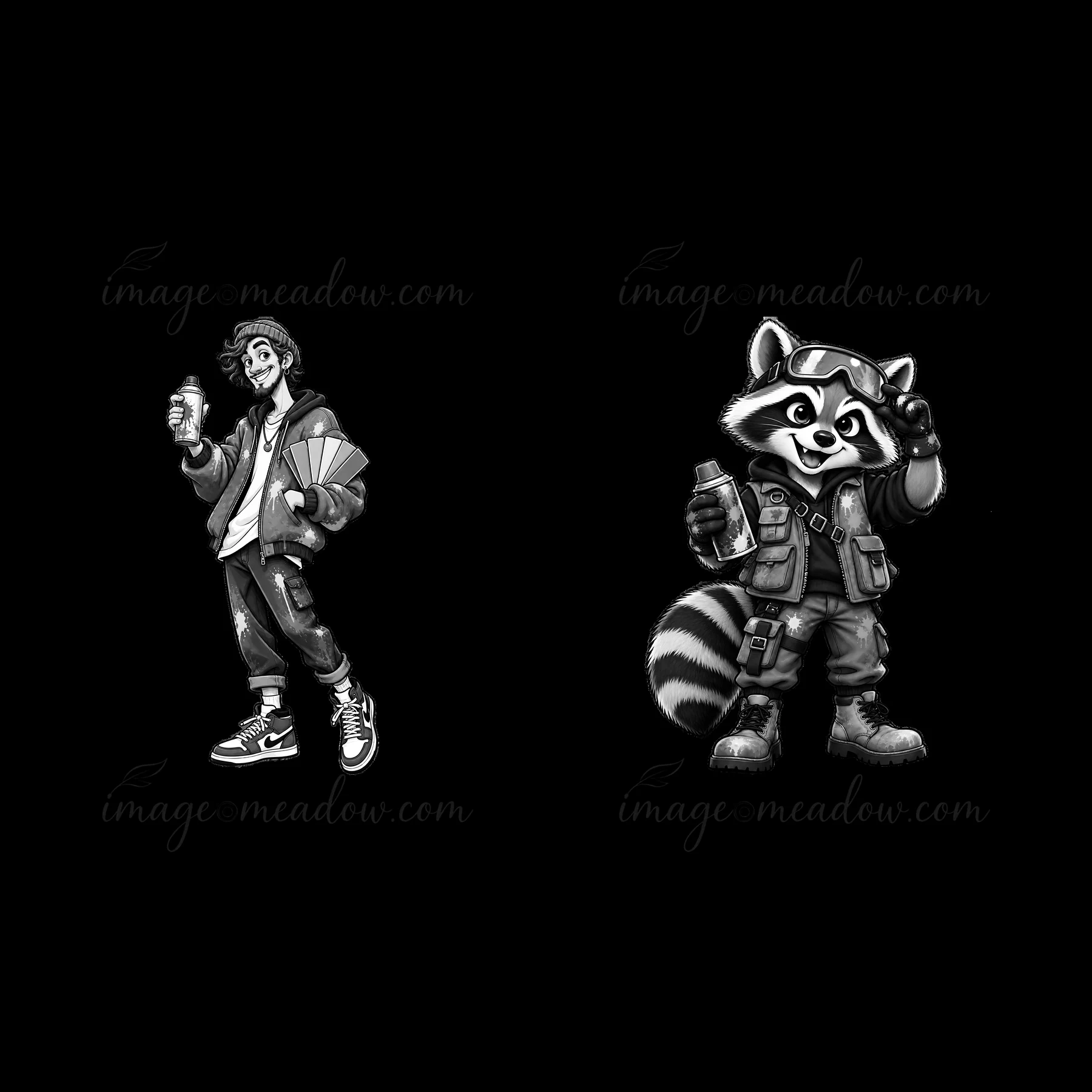 A young person with spray paint cans and stacks of graffiti posters stands next to a raccoon in military gear. Both characters are monochrome and focus on stree