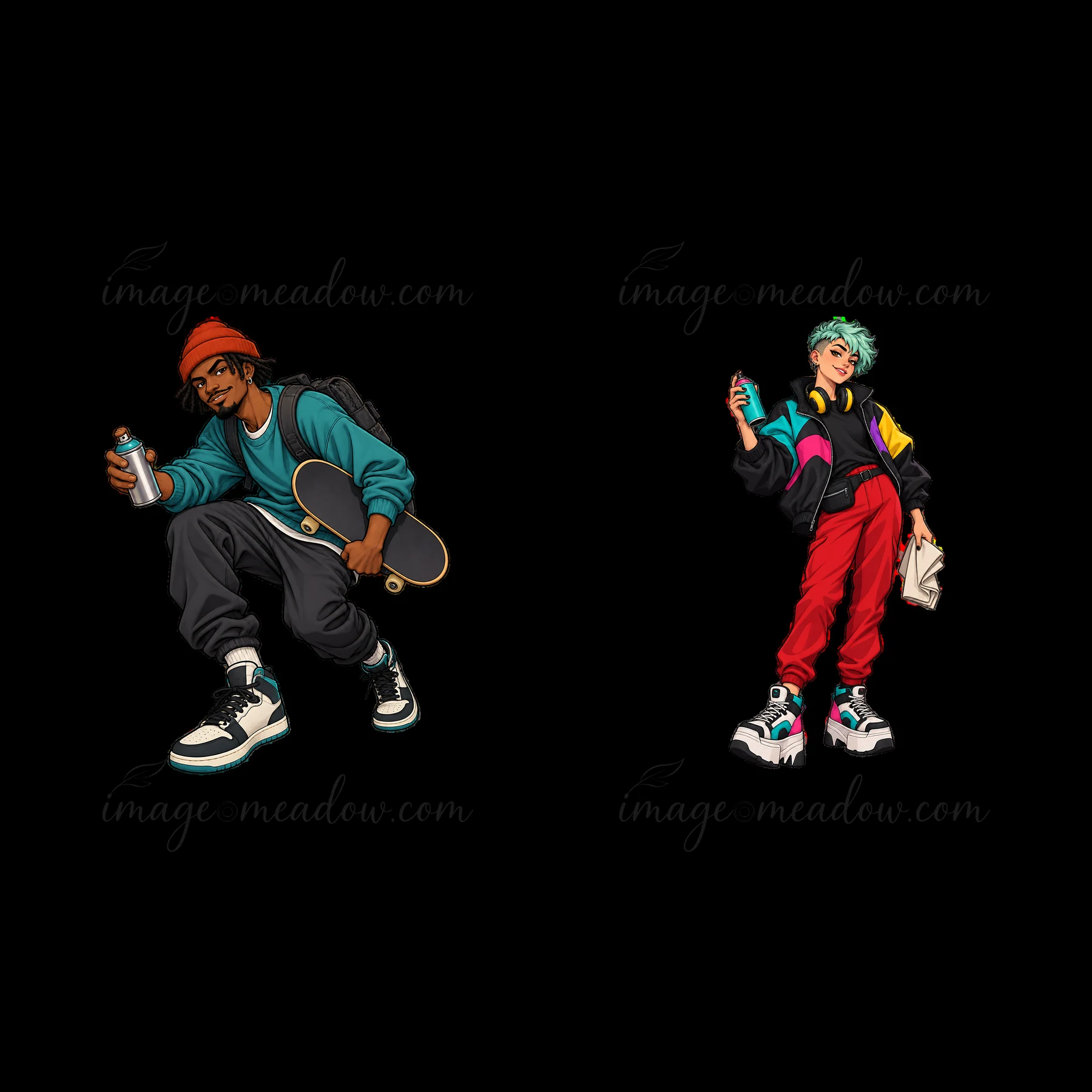 Two cartoon characters stand as graffiti sprayers in streetwear attire. One character crouches with a skateboard, holding a spray can. The other stands with a s