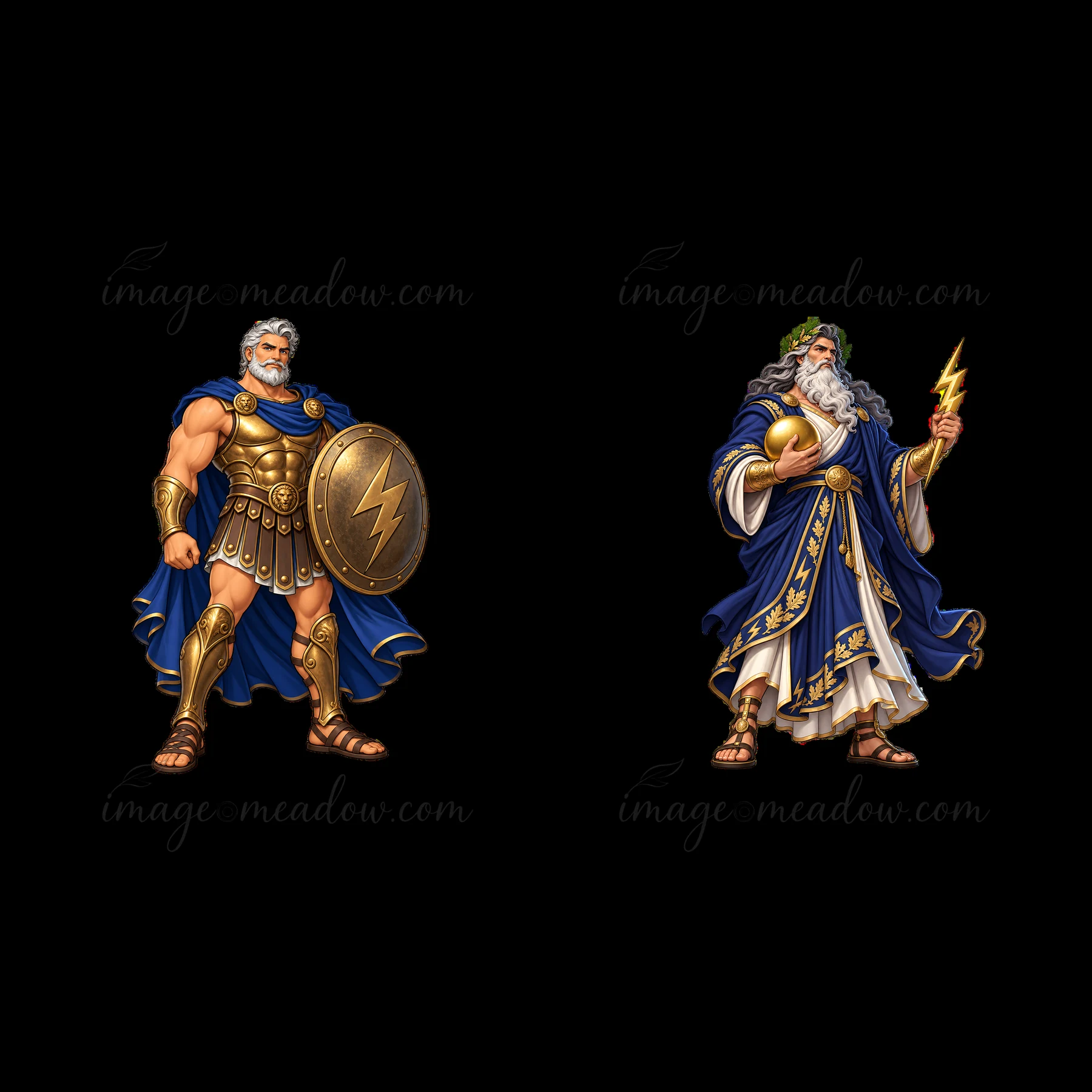 Zeus stands with a lightning bolt and a golden apple, wearing a robe. Hercules wears armor and holds a shield. Both characters are in a cartoon style, showcasin
