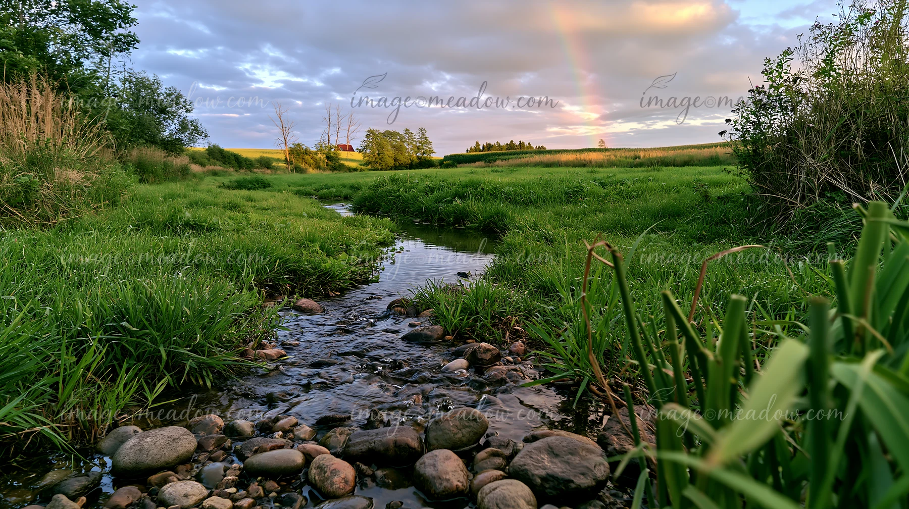 Green meadow and rocky stream beneath a rainbow in a rural landscape at sunset.