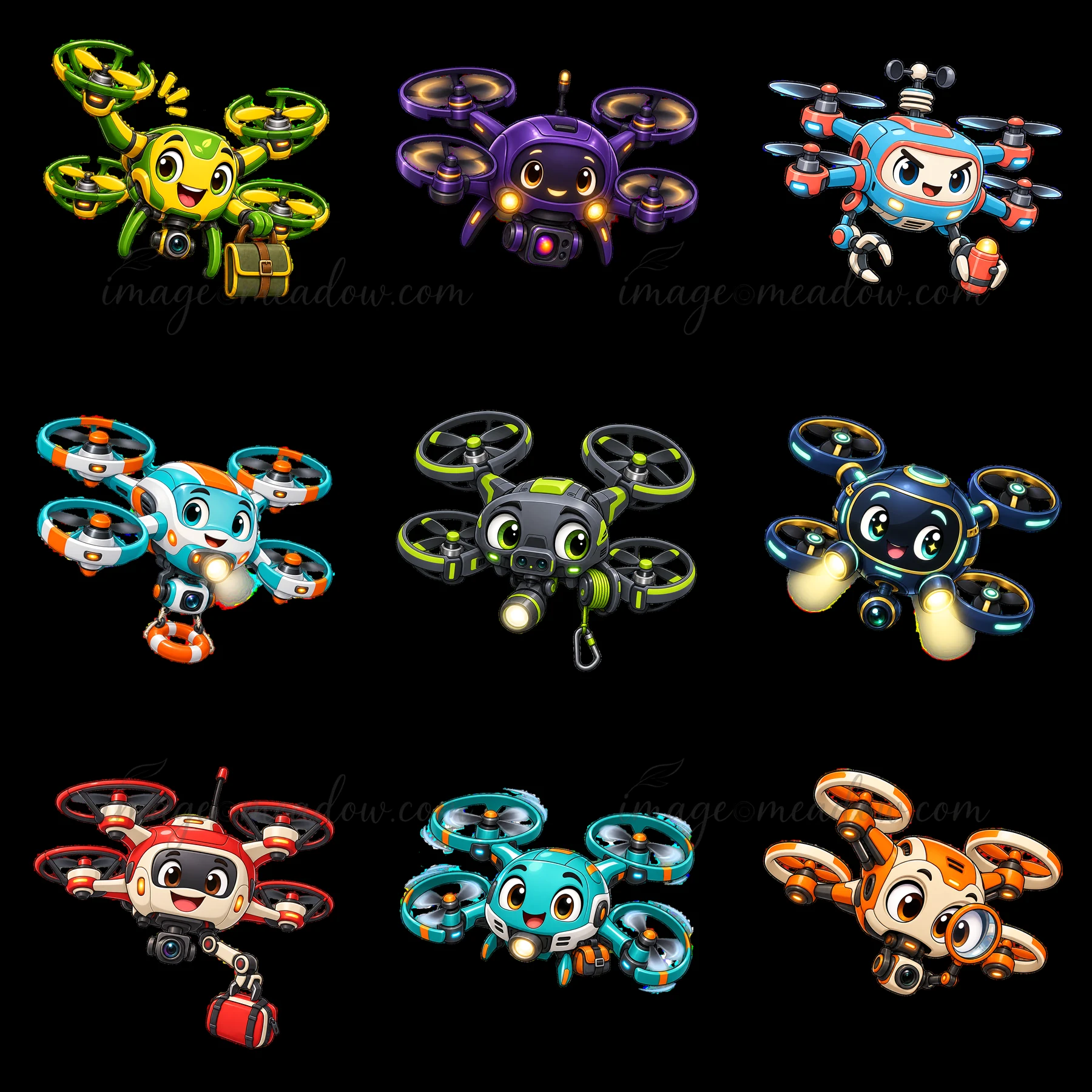 Nine cartoon drones are arranged in a square layout. Each drone has a unique design and color. Some have accessories like cameras and bags. The scene features b