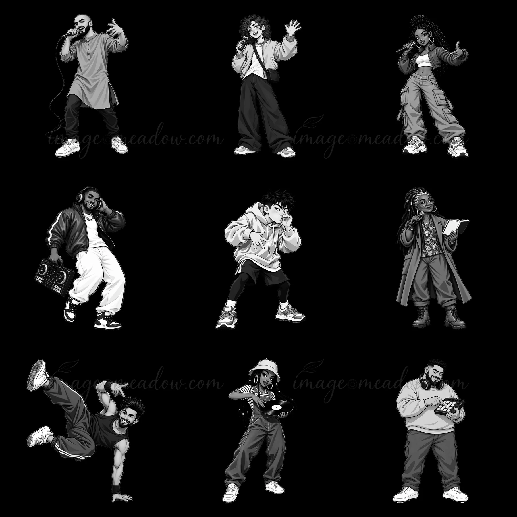 Nine hip-hop artists are illustrated in a 3x3 grid. Each character takes distinct poses and showcases various accessories. They represent different styles in hi