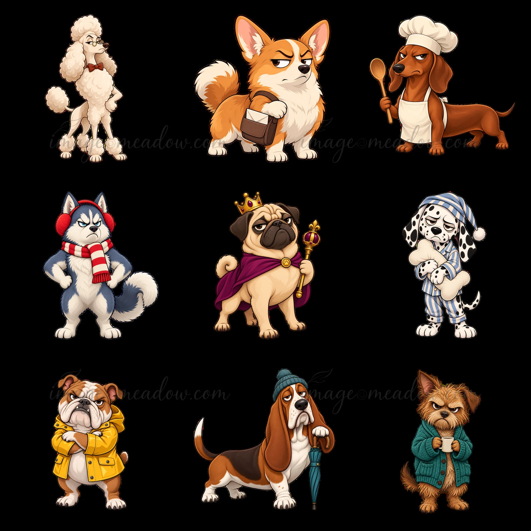 A collection of cartoon dog characters in a 3x3 grid.