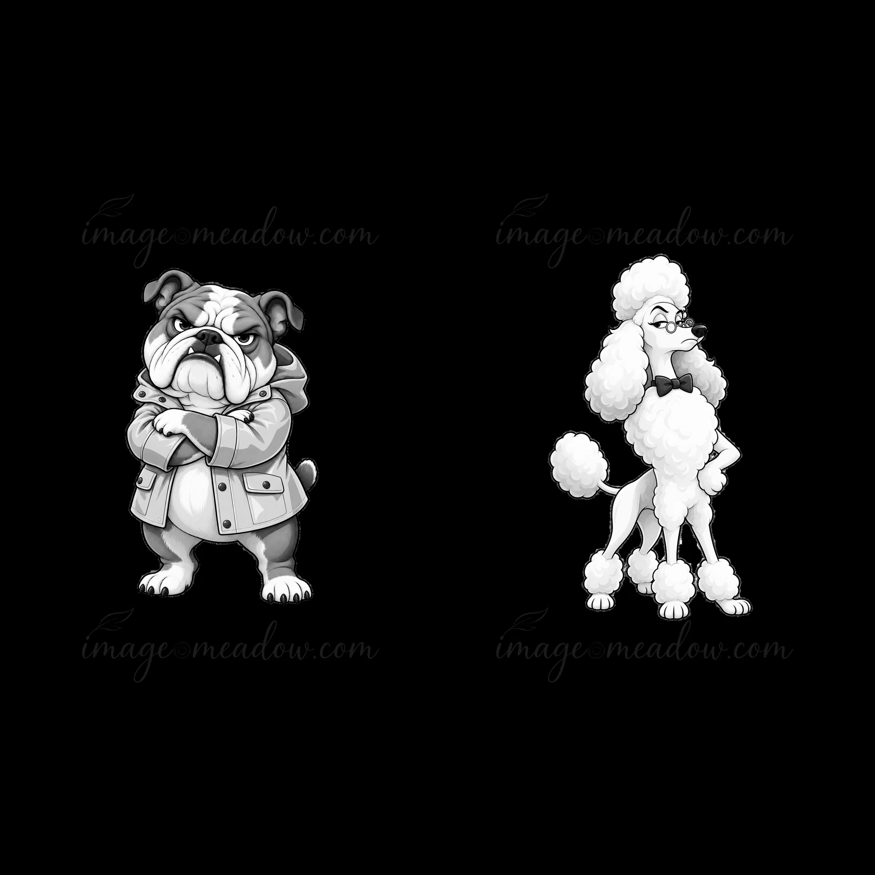 A grumpy bulldog wearing a coat stands with its arms crossed beside a poodle with a bowtie. The scene highlights the contrasting personalities of the two dogs i