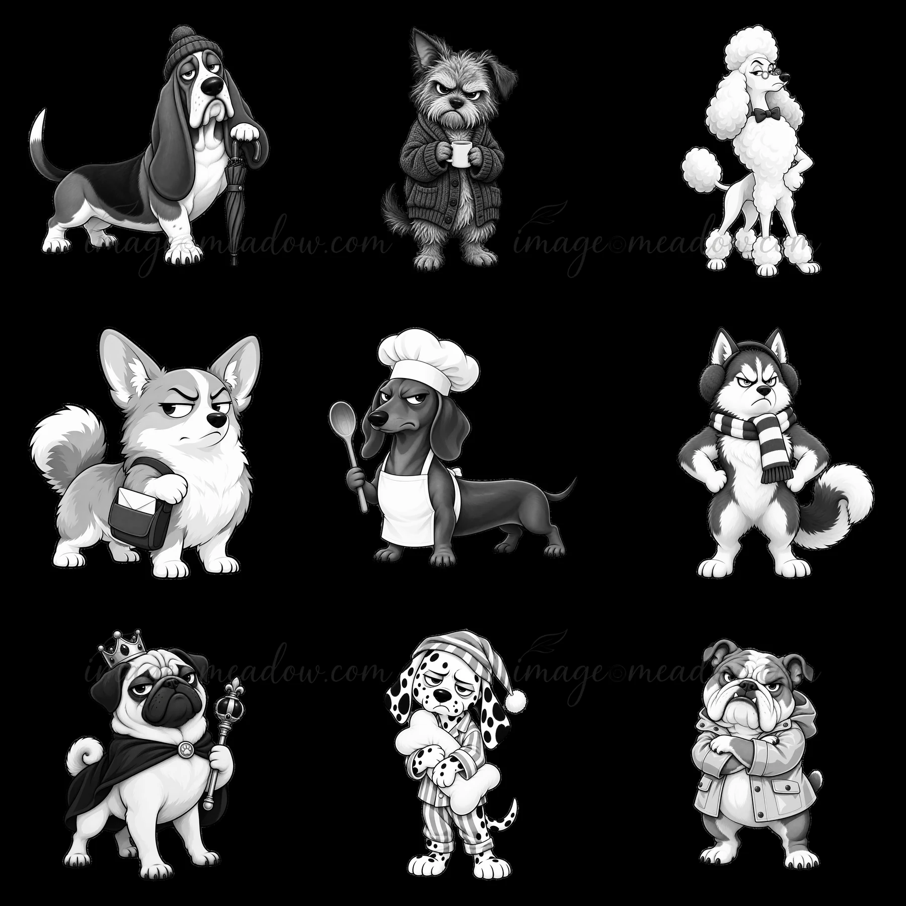 A 3x3 grid features cartoon dogs displaying grumpy expressions. Each dog wears a unique outfit or accessory. They engage in different activities that showcase t